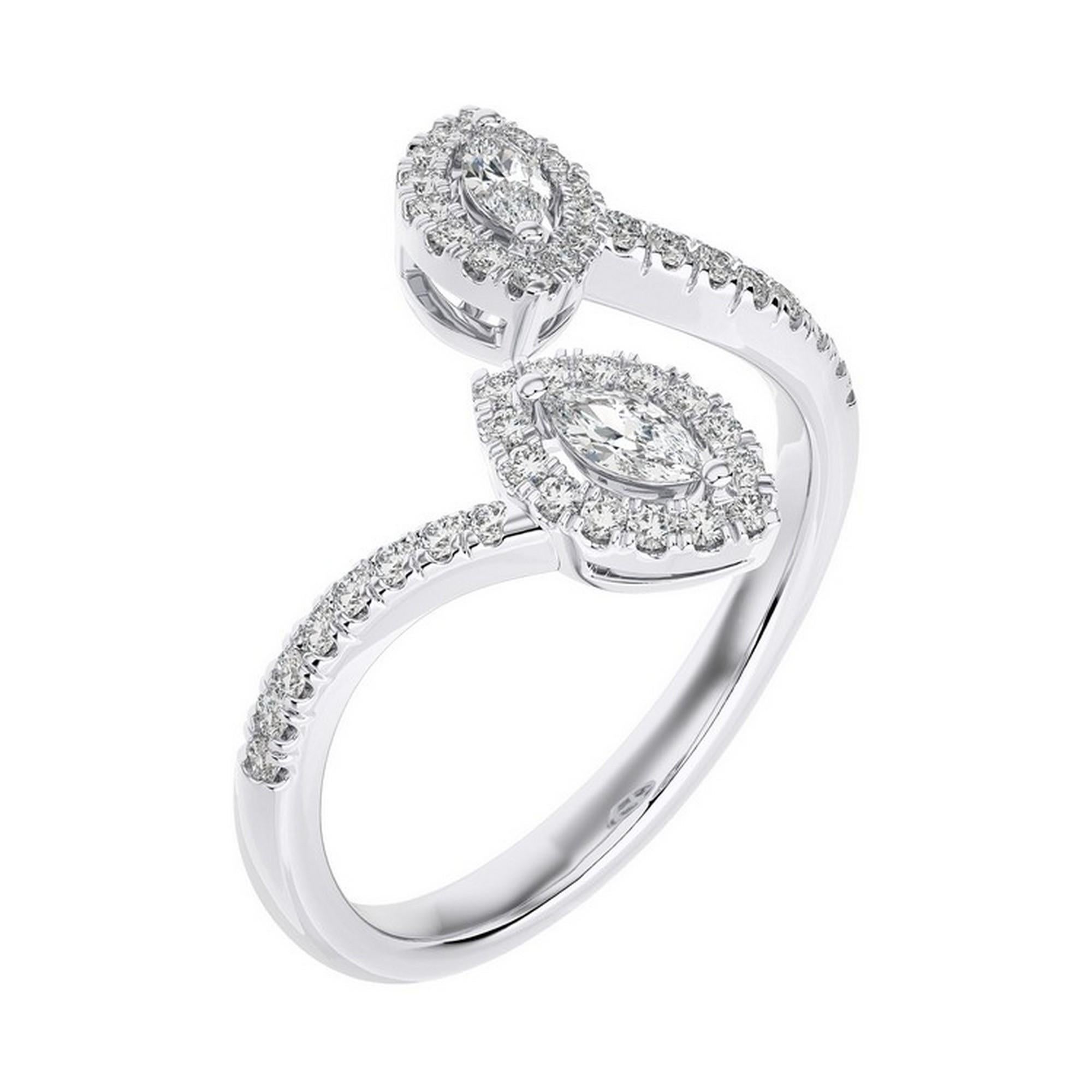 Overview:
The Classic Collection’s finger ring features 0.55 carats of round diamonds set in 14K white gold. This elegant and unique piece combines the sleek shine of white gold with the brilliant sparkle of round & Marquese diamonds, making it