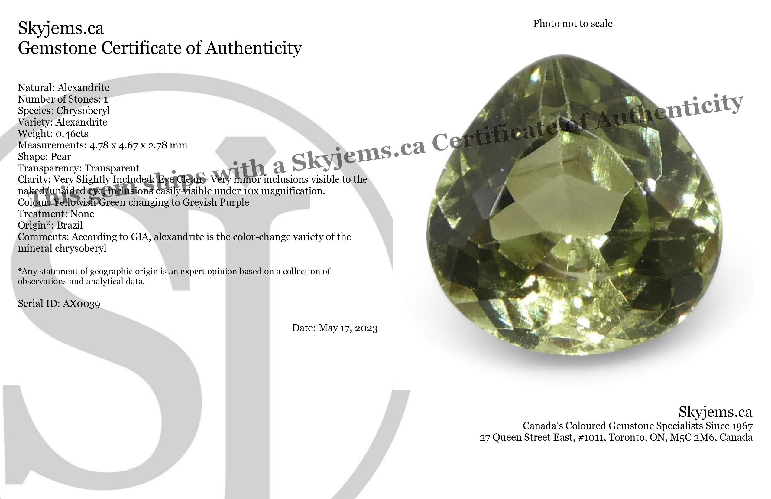 Description:

Gem Type: Alexandrite 
Number of Stones: 1
Weight: 0.46 cts
Measurements: 4.78 x 4.67 x 2.78 mm
Shape: Pear
Cutting Style Crown: Brilliant Cut
Cutting Style Pavilion: Brilliant Cut 
Transparency: Transparent
Clarity: Very Slightly
