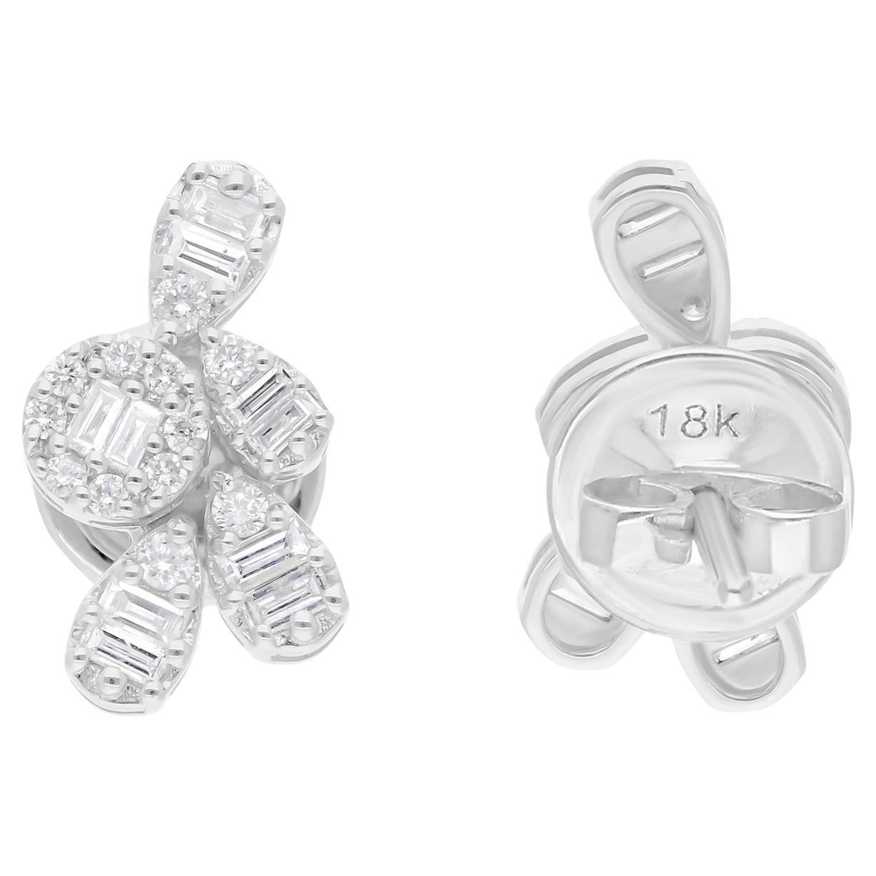 0.46Ct Round and Baguette SI/H Diamond Stud Earrings 14K White Gold Fine Jewelry