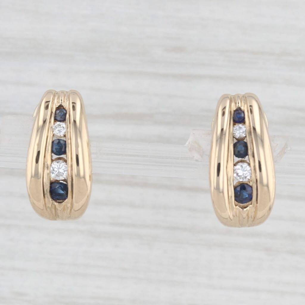 Round Cut 0.46ctw Blue Sapphire Diamond J-Hook Earrings 14k Gold Drops Omega Backs For Sale