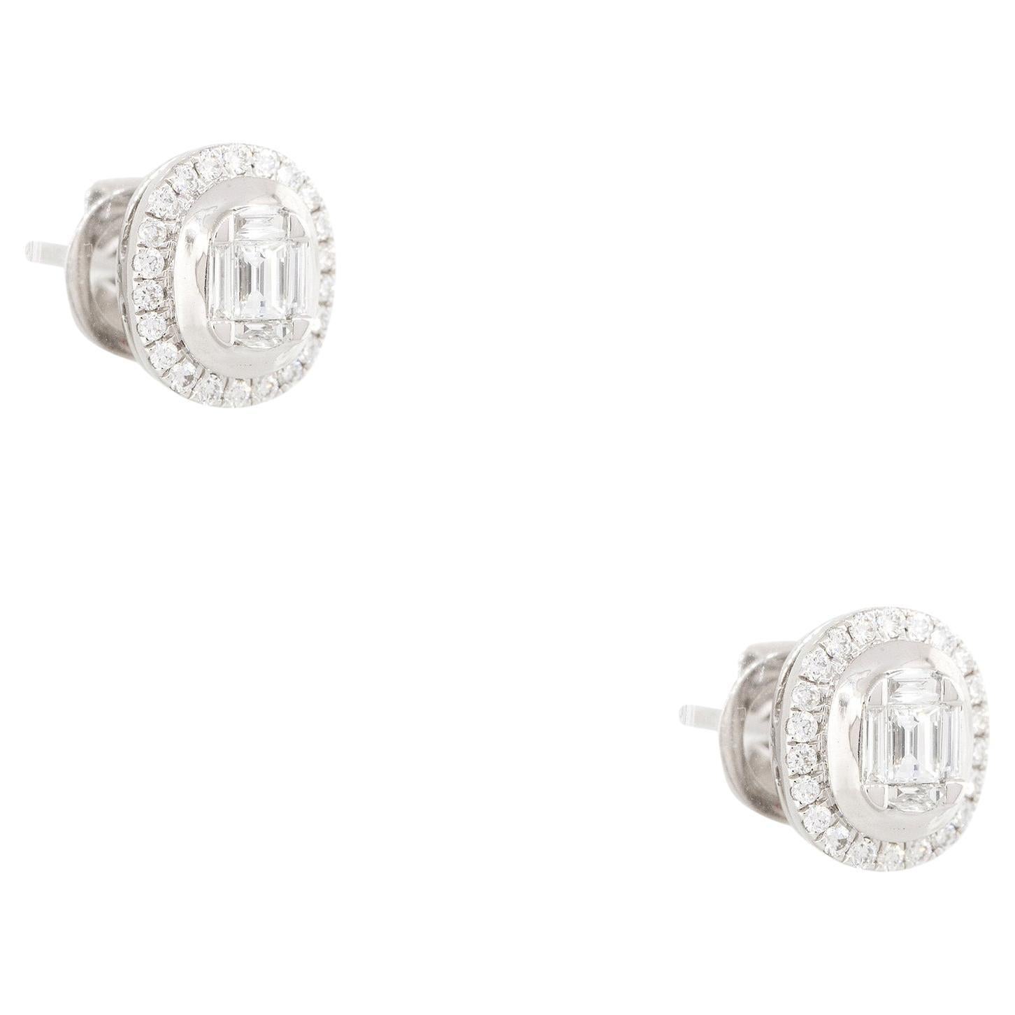 0.47 Carat Baguette & Round Brilliant Cut Stud Earrings 18 Karat In Stock For Sale