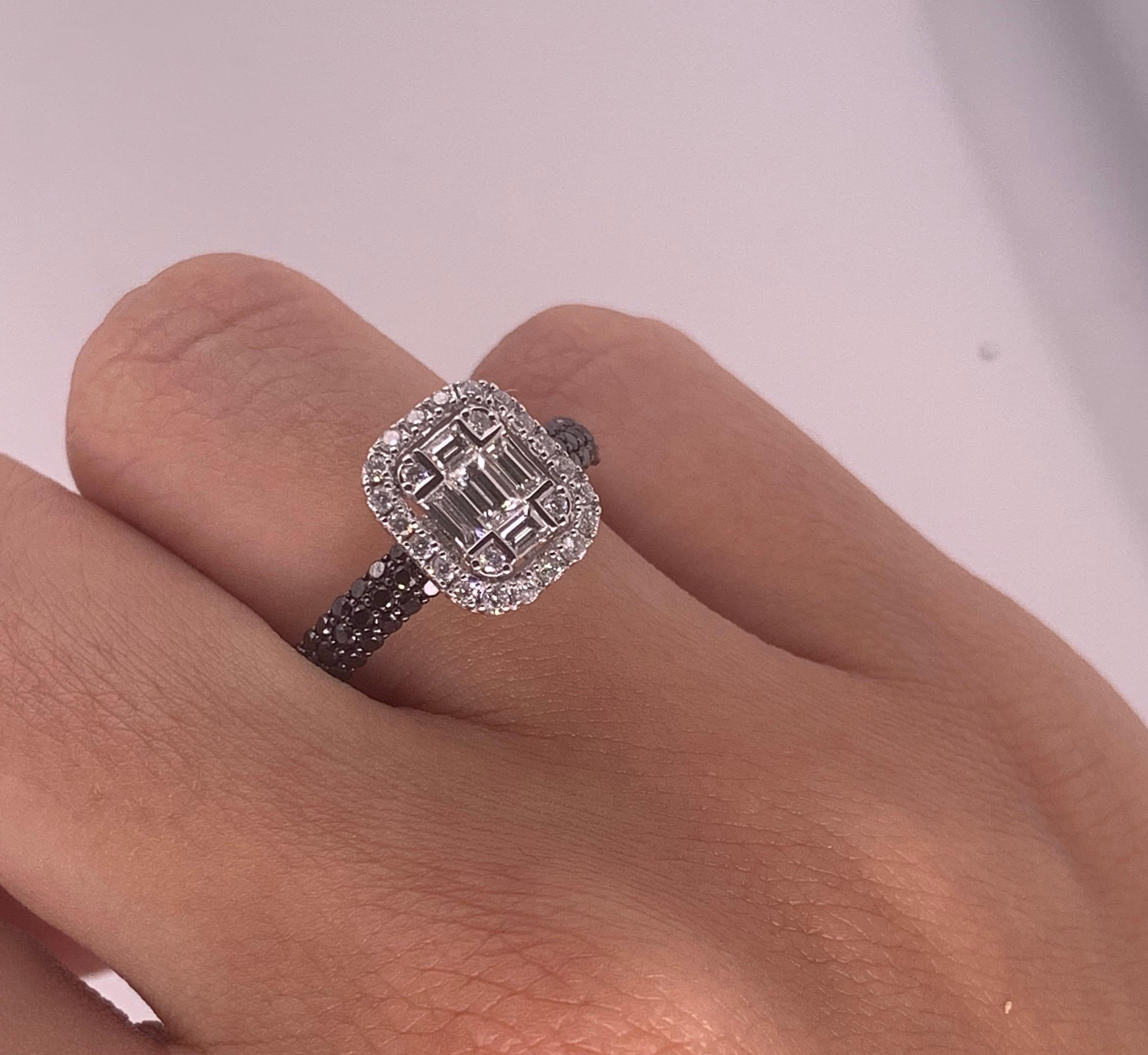 Modern 0.47 Carat Black and White Diamond Ring 18K White Gold Cluster Engagement Ring