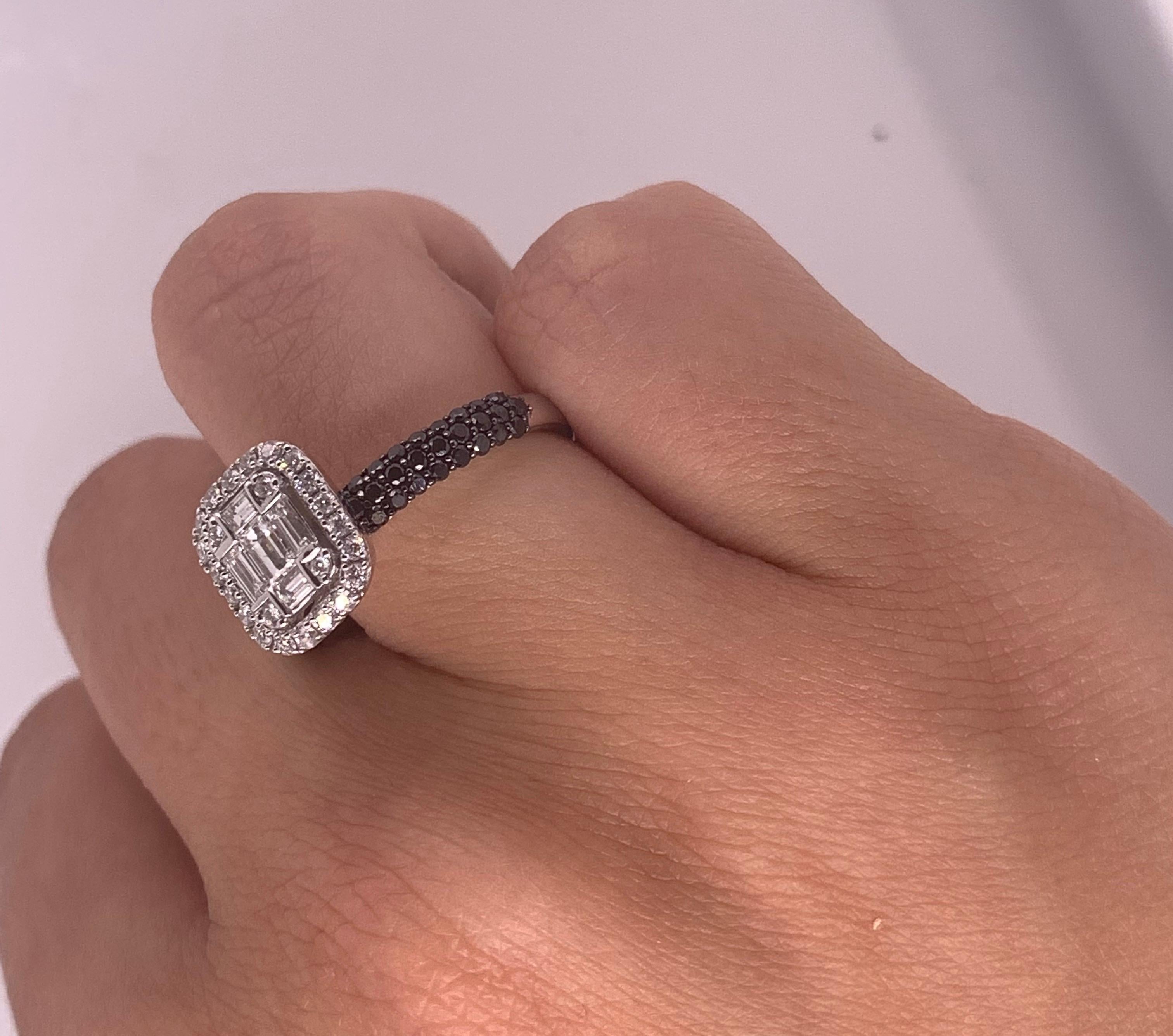 Round Cut 0.47 Carat Black and White Diamond Ring 18K White Gold Cluster Engagement Ring