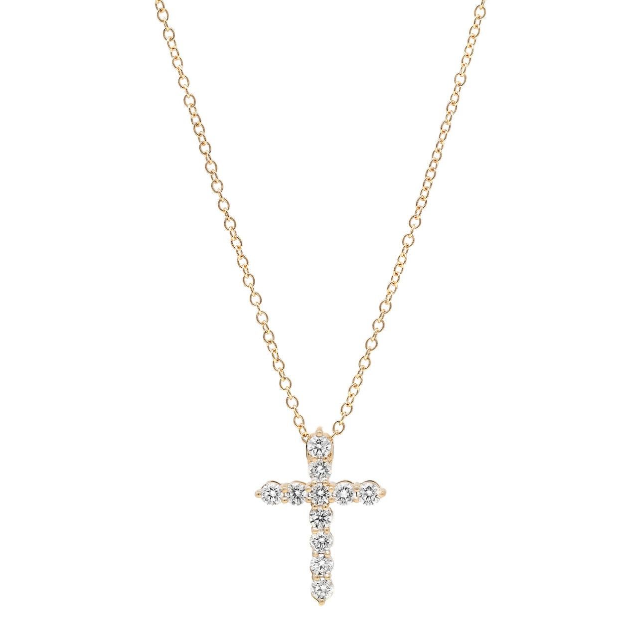 Round Cut 0.46 Carat Diamond Cross Pendant Necklace 18K Yellow Gold For Sale