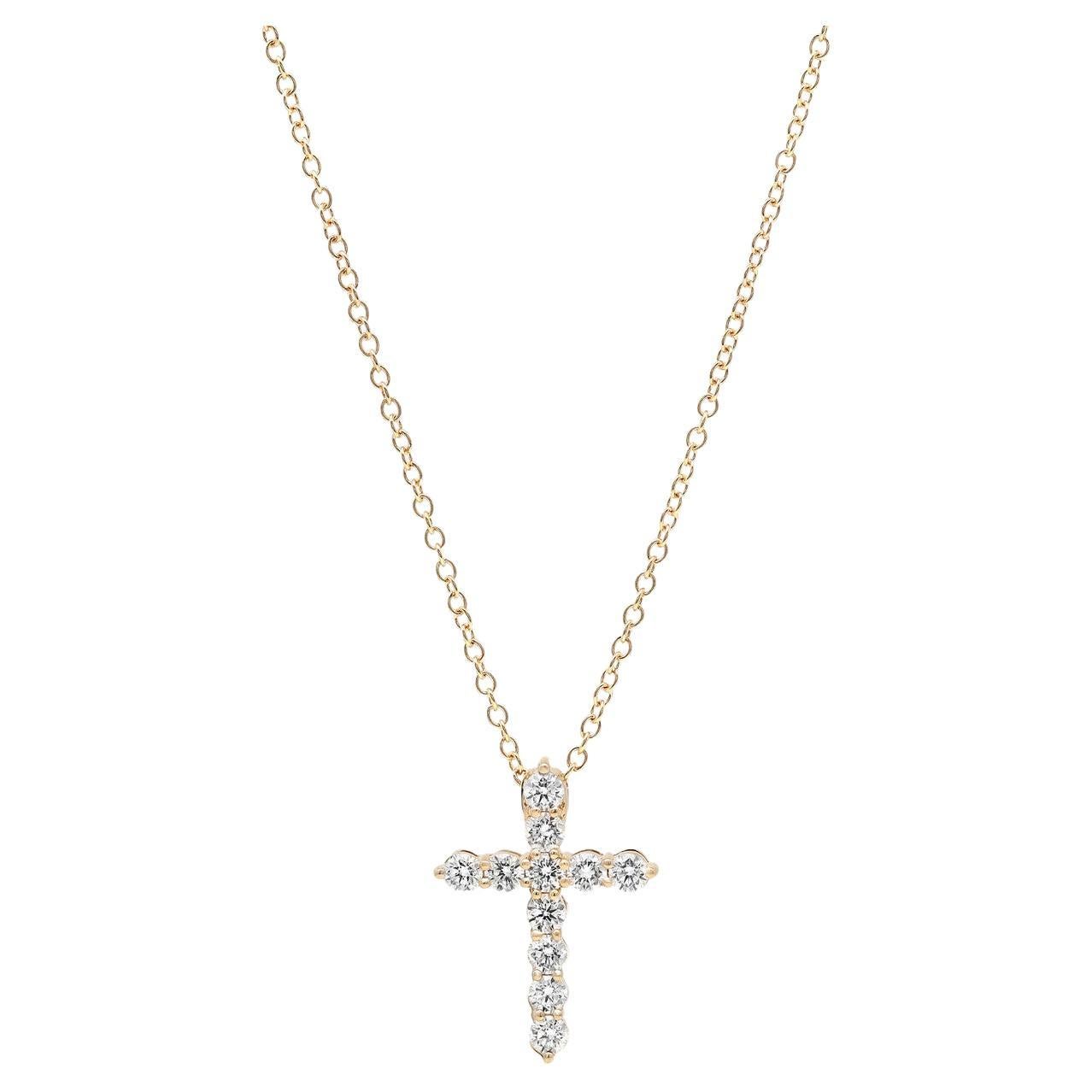 0.46 Carat Diamond Cross Pendant Necklace 18K Yellow Gold