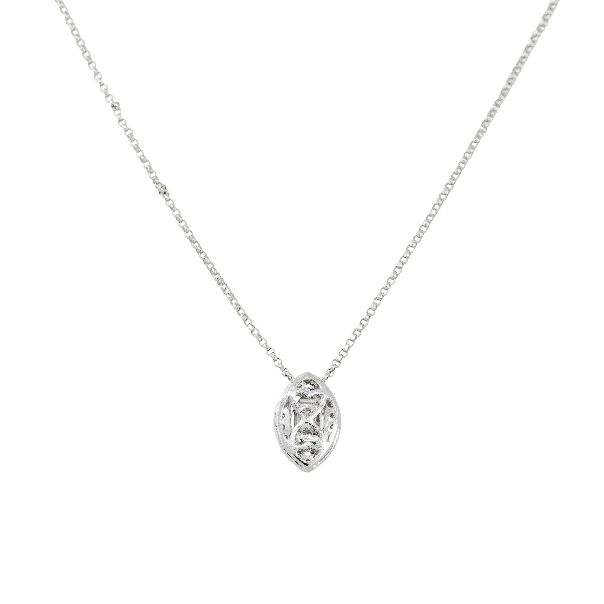 18k White Gold 0.47ctw Diamond Mosaic Pear Shaped Pendant Necklace

Material: 18k White Gold
Diamond Details: Approximately 0.47ctw of Round and Baguette Cut Diamonds. There are 23 Diamonds total
Item Length: Adjustable from 16-18