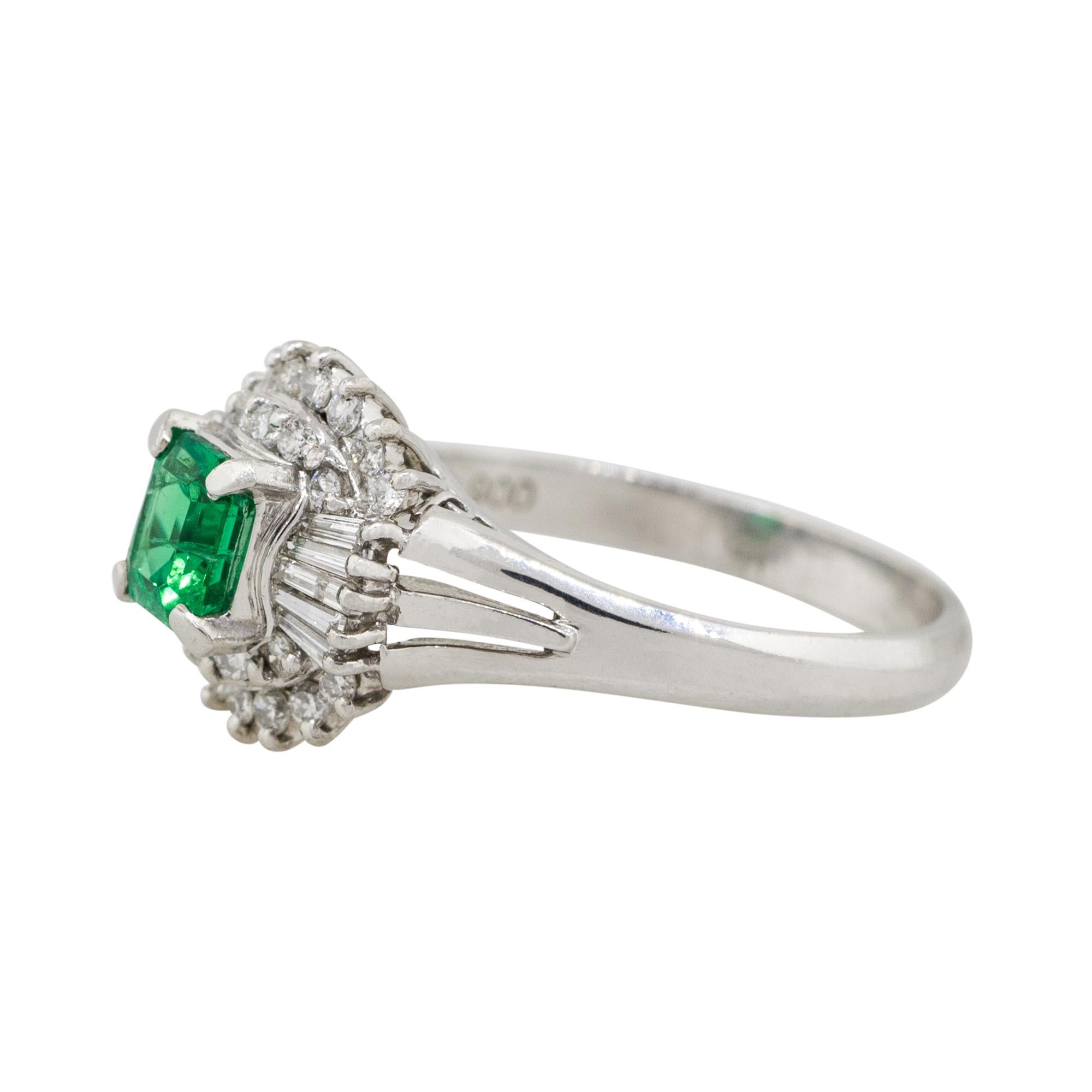 Material: Platinum
Center Gemstone Details: Approx. 0.47ctw square Emerald center gemstone
Diamond Details: Approx. 0.35ctw of round and baguette cut Diamonds. Diamonds are G.H in color and VS in clarity
Size: 6
Total weight: 4.6g (3.0dwt)