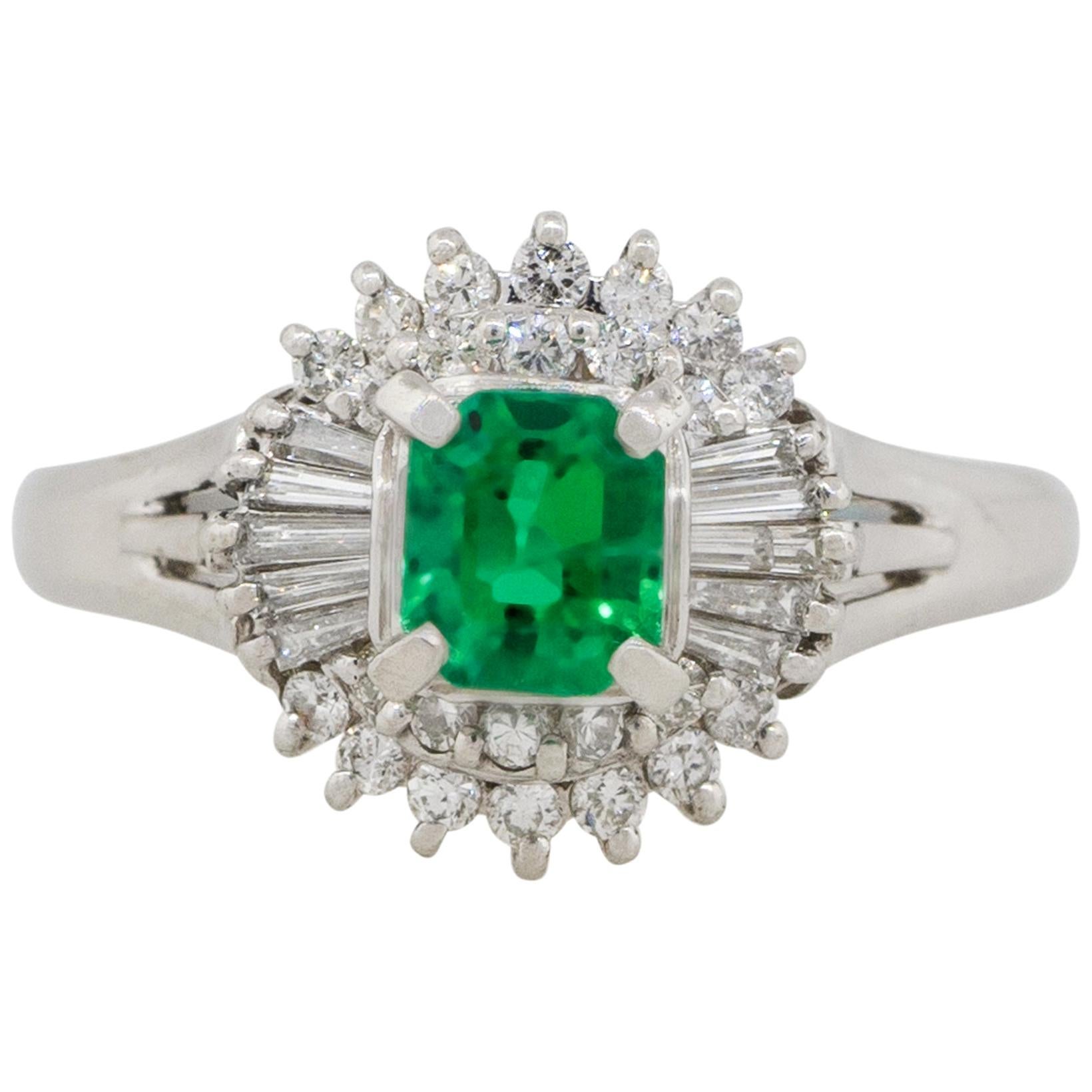 0.47 Carat Emerald Gemstone Center Diamond Cocktail Ring Platinum in Stock