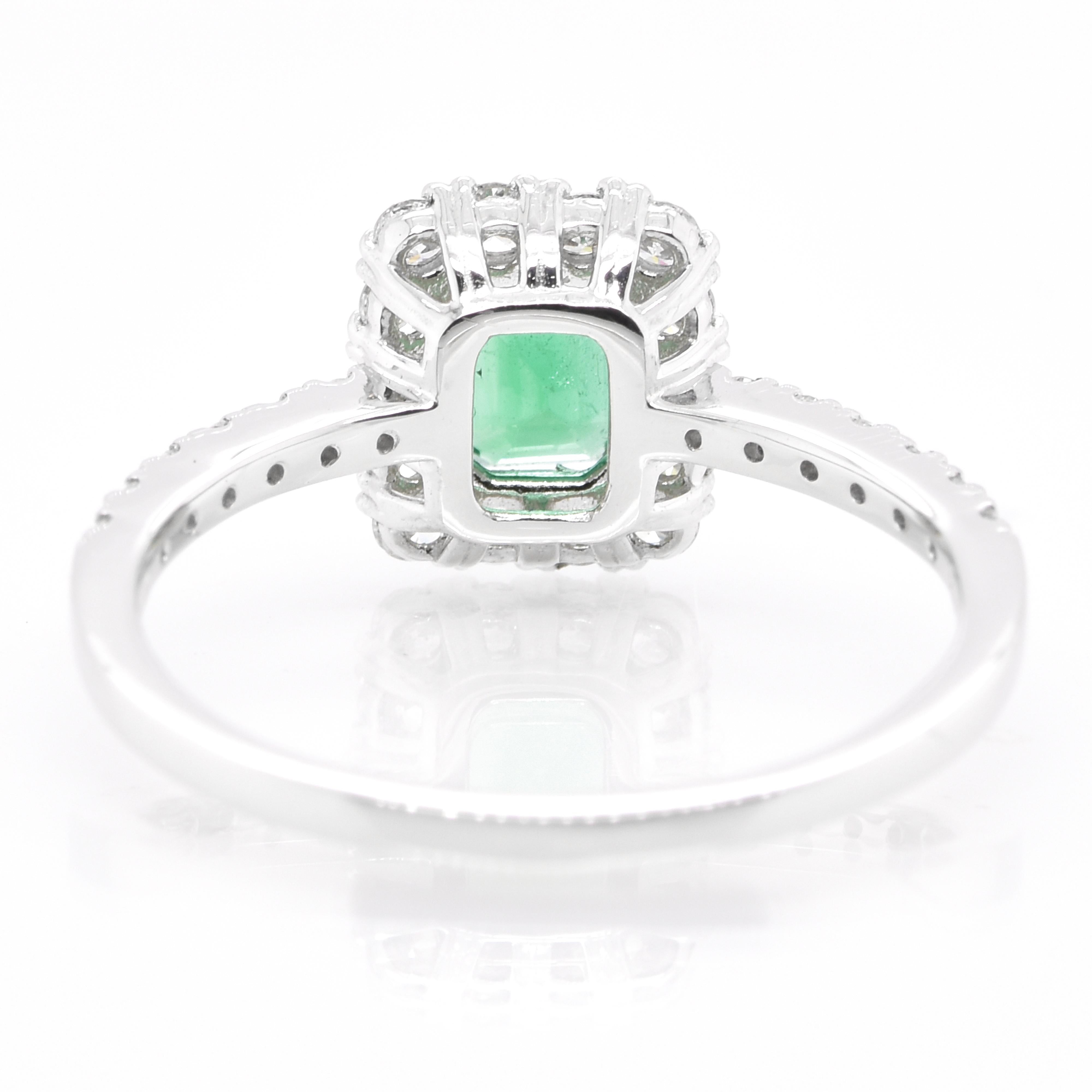 A stunning ring featuring a 0.47 Carat Natural Emerald and 0.37 Carats of Diamond Accents set in Platinum. People have admired emerald’s green for thousands of years. Emeralds have always been associated with the lushest landscapes and the richest