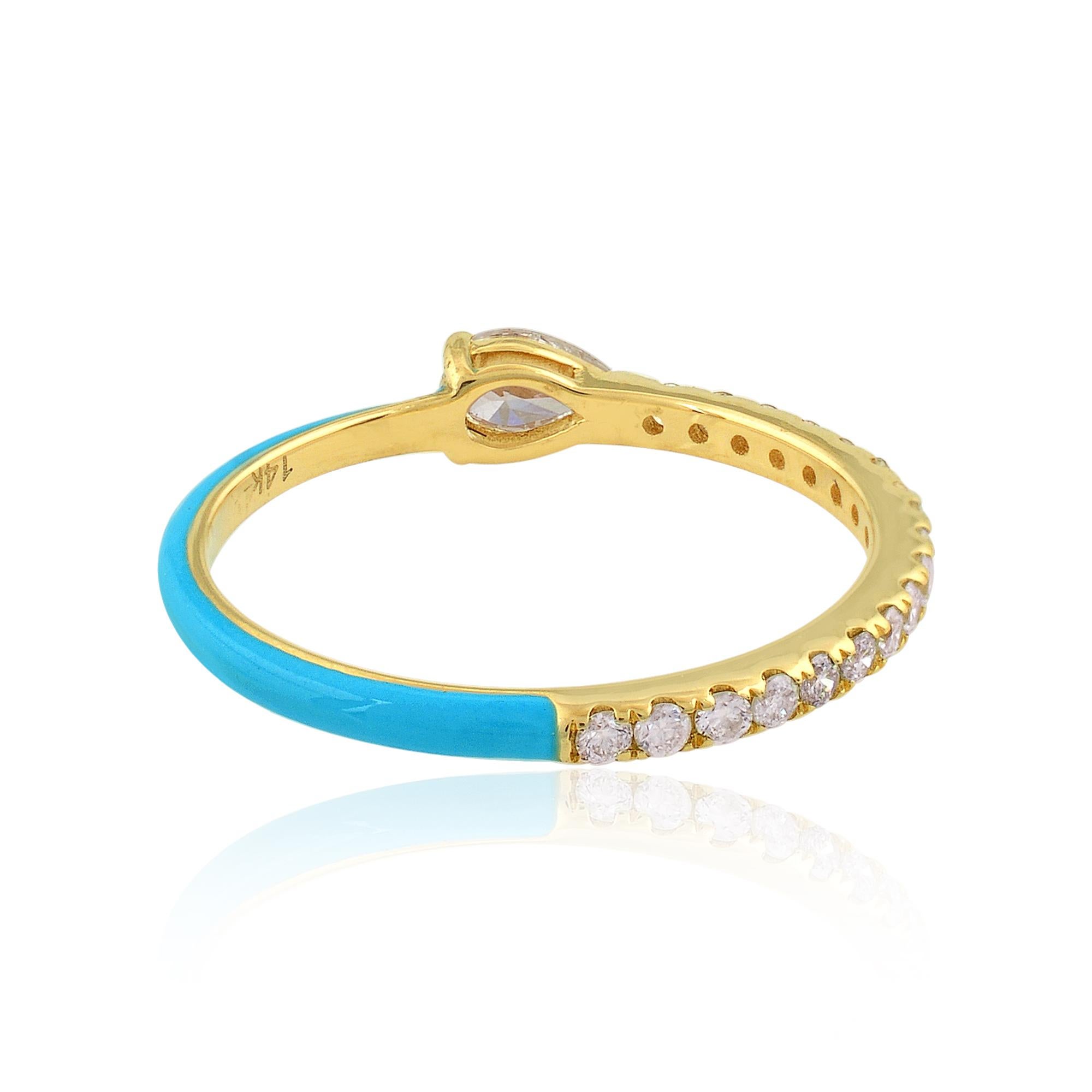For Sale:  0.47 Carat Pear Diamond Turquoise Color Enamel Ring 14 Karat Yellow Gold Jewelry 3