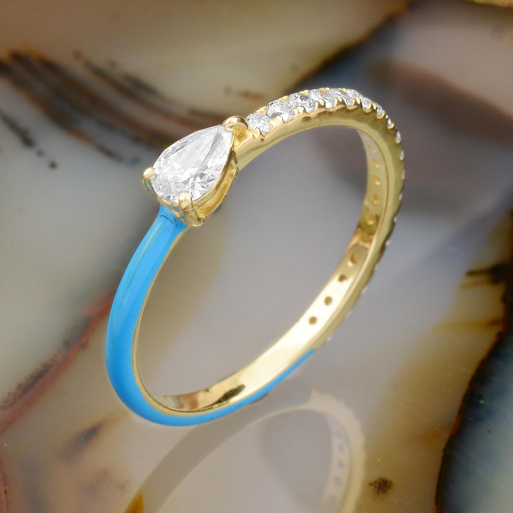 For Sale:  Natural 0.47 Carat Diamond Turquoise Enamel Ring 14 Karat Yellow Gold Jewelry 4