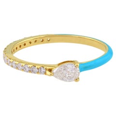 0.47 Carat Pear Diamond Turquoise Color Enamel Ring 14 Karat Yellow Gold Jewelry