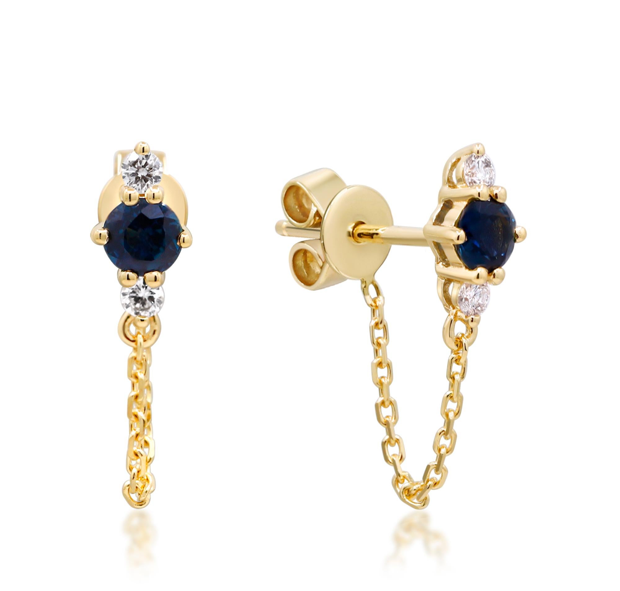 Decorate yourself in elegance with this Earring is crafted from 14-karat Yellow Gold by Gin & Grace Earring. This Earring is made up of 4.0 mm Round-cut (2 pcs) 0.47 carat Blue Sapphire and Round-cut White Diamond (4 pcs) 0.10 carat. This Earring is