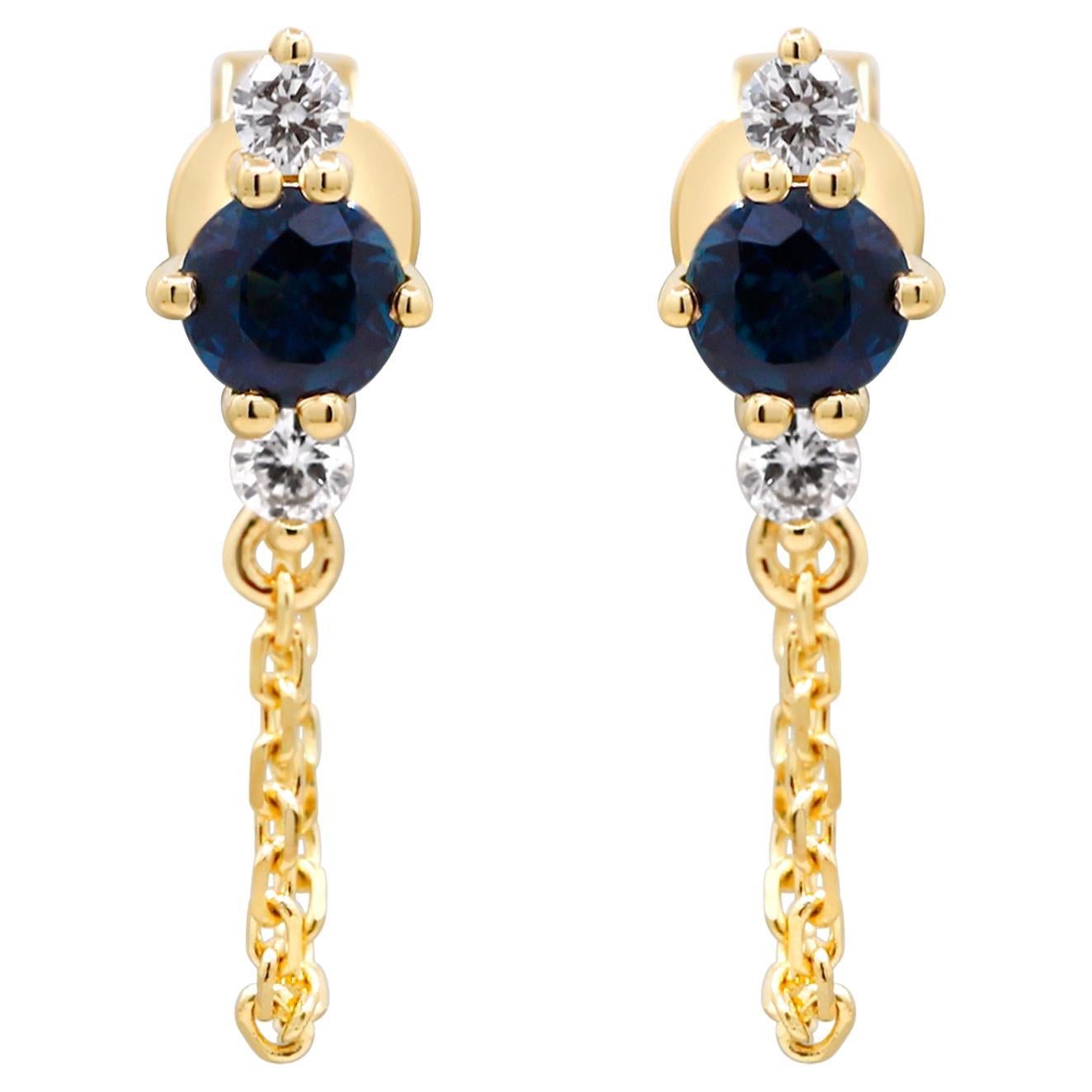0.47 Carat Round-Cut Blue Sapphire Diamond accents 14K Yellow Gold Stud Earring For Sale