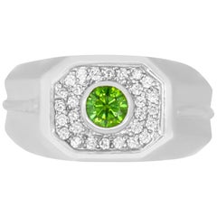 0.47 Carat Round Green Diamond 0.32 Carat White Diamond Men's Ring Band 14K Gold