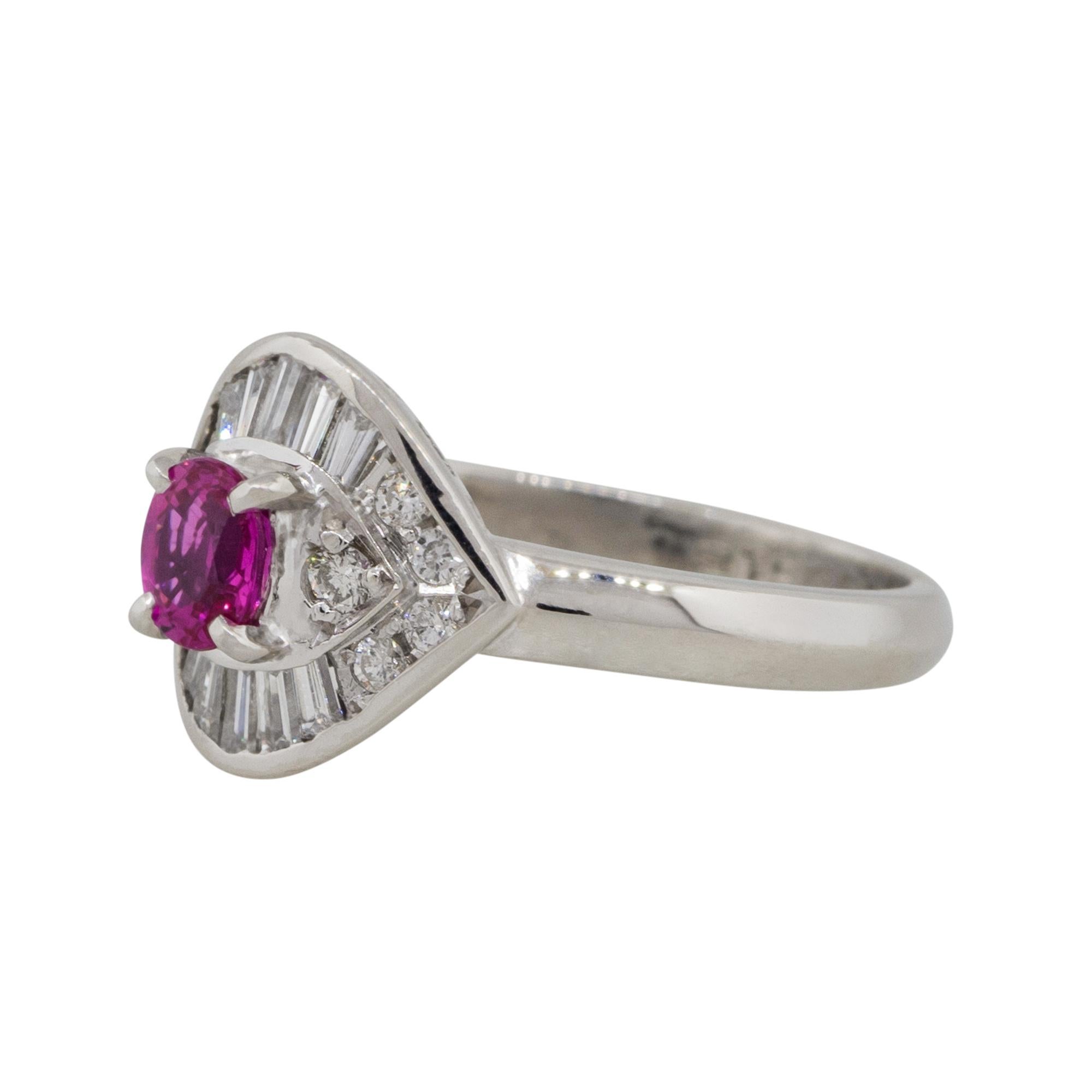 Material: Platinum
Gemstone details: Approx. 0.47ctw oval shaped Ruby gemstone
Diamond details: Approx. 0.45ctw of round cut Diamonds. Diamonds are G/H in color and VS in clarity
Ring Size: 6
Ring Measurements: 0.75