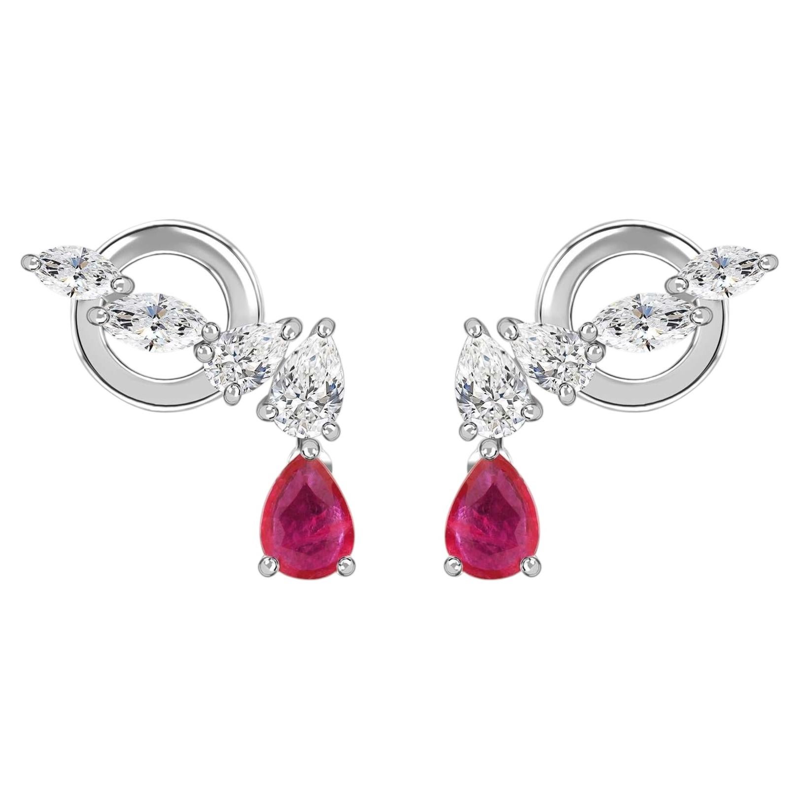 0.47 Carat Ruby Gemstone 0.62 Carat SI/H Diamond Earrings 18 Karat White Gold