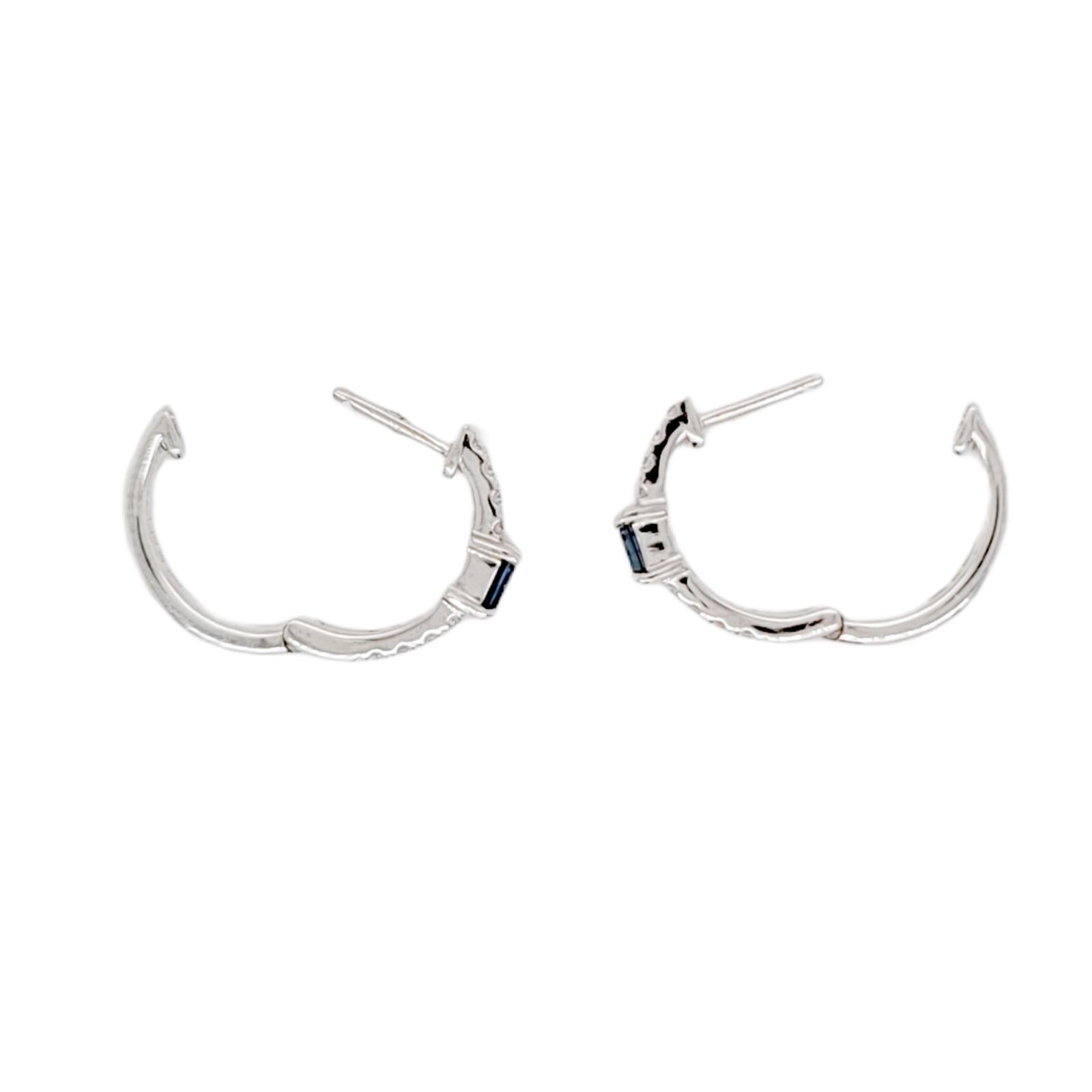 0.47 CT Natural Blue Sapphire & 0.17 CT Diamonds in 14K White Gold Hoop Earrings In Excellent Condition For Sale In Los Angeles, CA