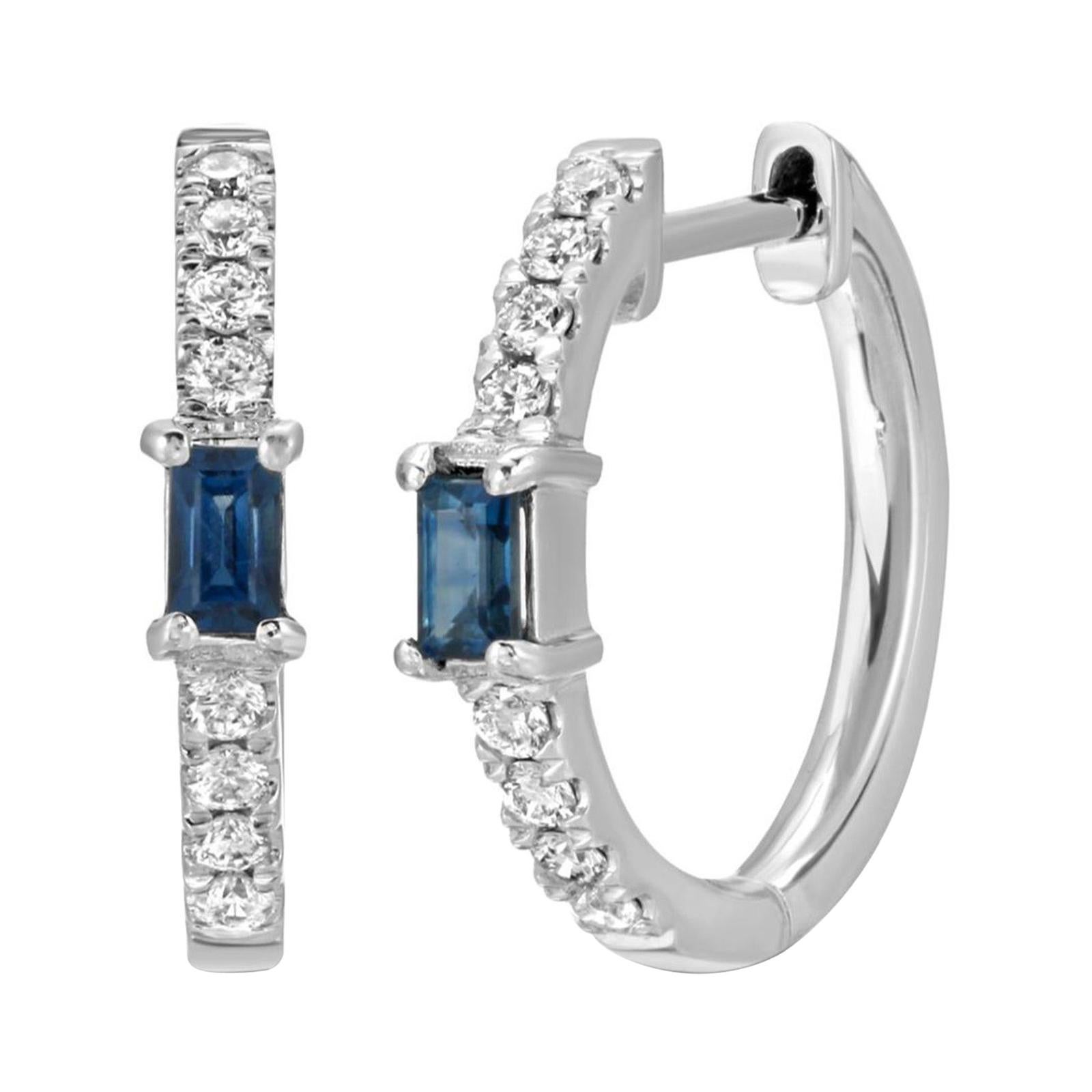 0.47 CT Natural Blue Sapphire & 0.17 CT Diamonds in 14K White Gold Hoop Earrings For Sale