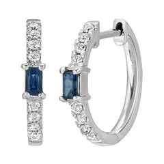 0.47 CT Natural Blue Sapphire & 0.17 CT Diamonds in 14K White Gold Hoop Earrings