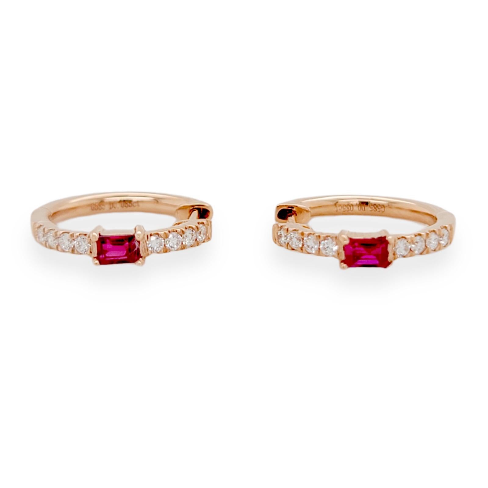 Round Cut 0.47 Ct Natural Ruby & 0.17 Ct Diamonds in 14k Rose Gold Hoop Earrings For Sale