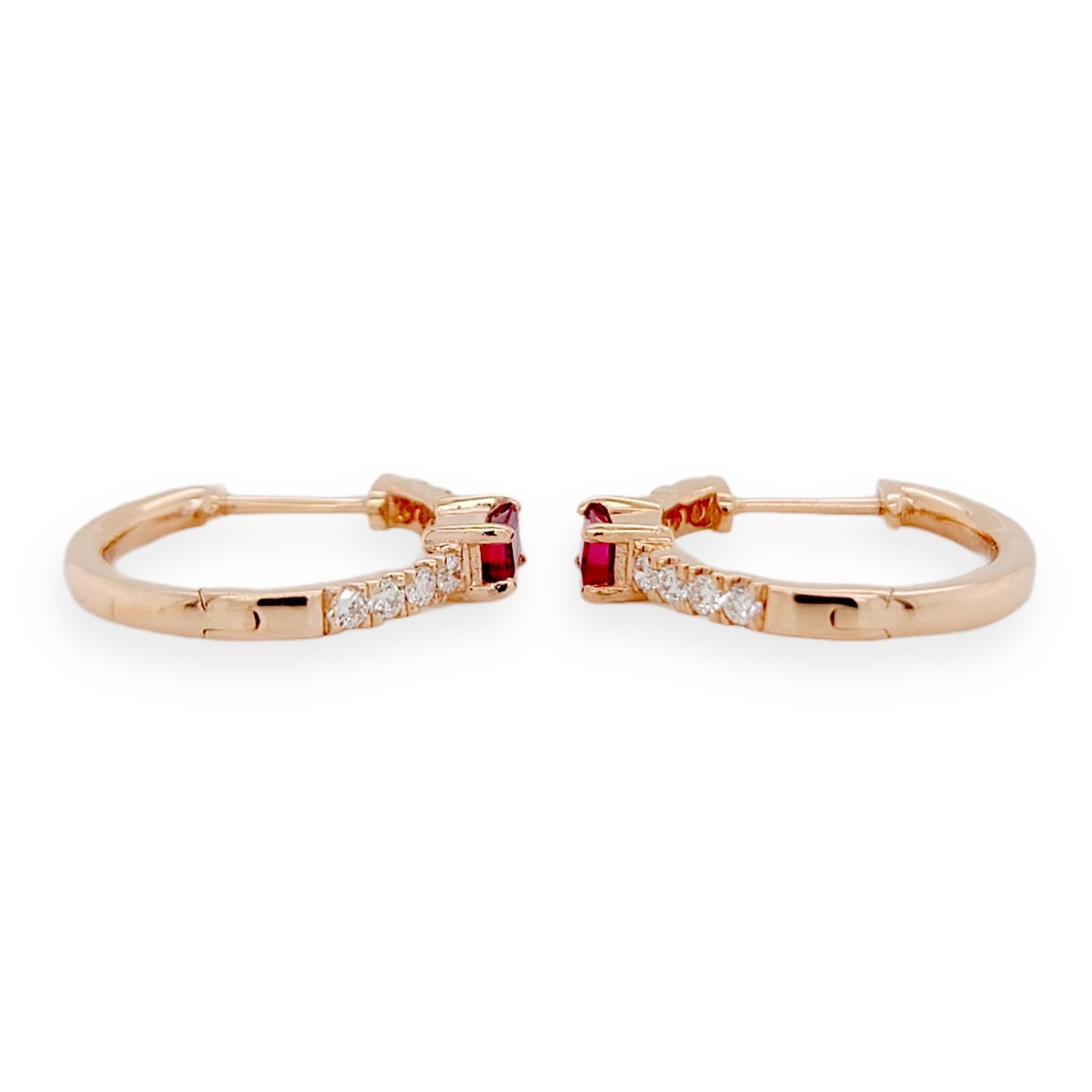 0.47 Ct Natural Ruby & 0.17 Ct Diamonds in 14k Rose Gold Hoop Earrings In Excellent Condition For Sale In Los Angeles, CA