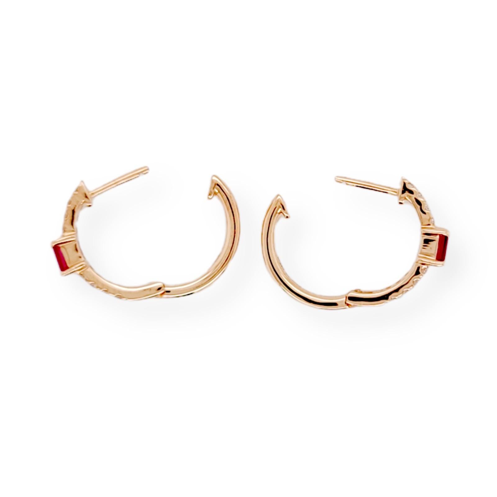 Women's or Men's 0.47 Ct Natural Ruby & 0.17 Ct Diamonds in 14k Rose Gold Hoop Earrings For Sale