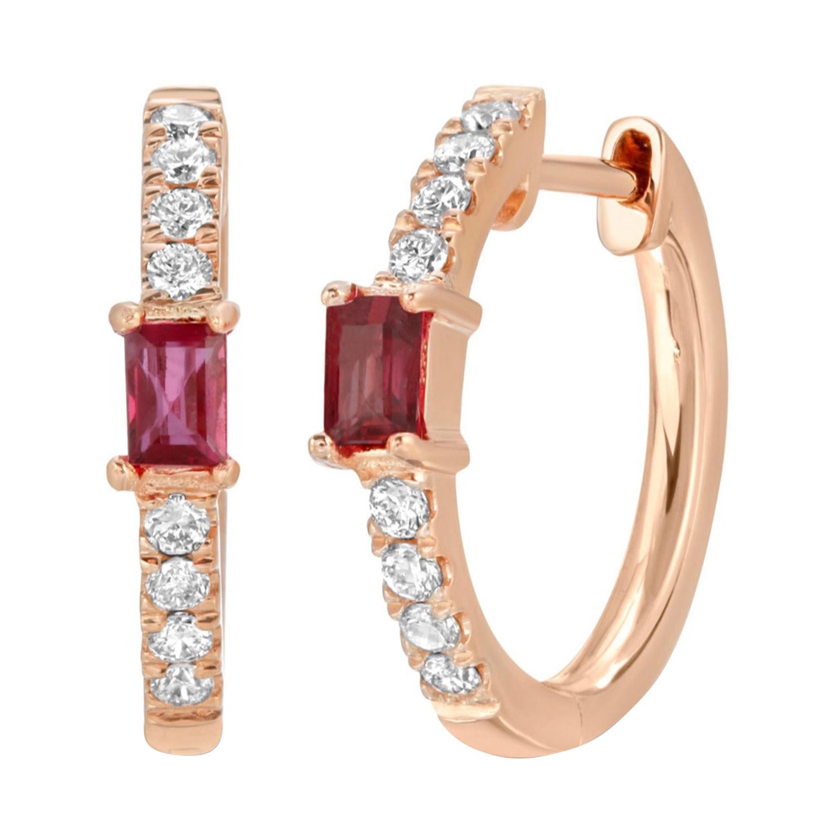 0.47 Ct Natural Ruby & 0.17 Ct Diamonds in 14k Rose Gold Hoop Earrings For Sale