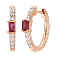 0.47 Ct Natural Ruby & 0.17 Ct Diamonds in 14k Rose Gold Hoop Earrings