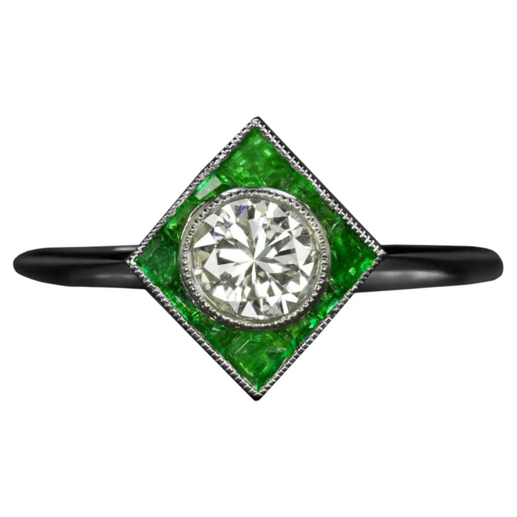 Old Cut Diamond & Emerald Target Geometric Cocktail Ring in White Gold For Sale