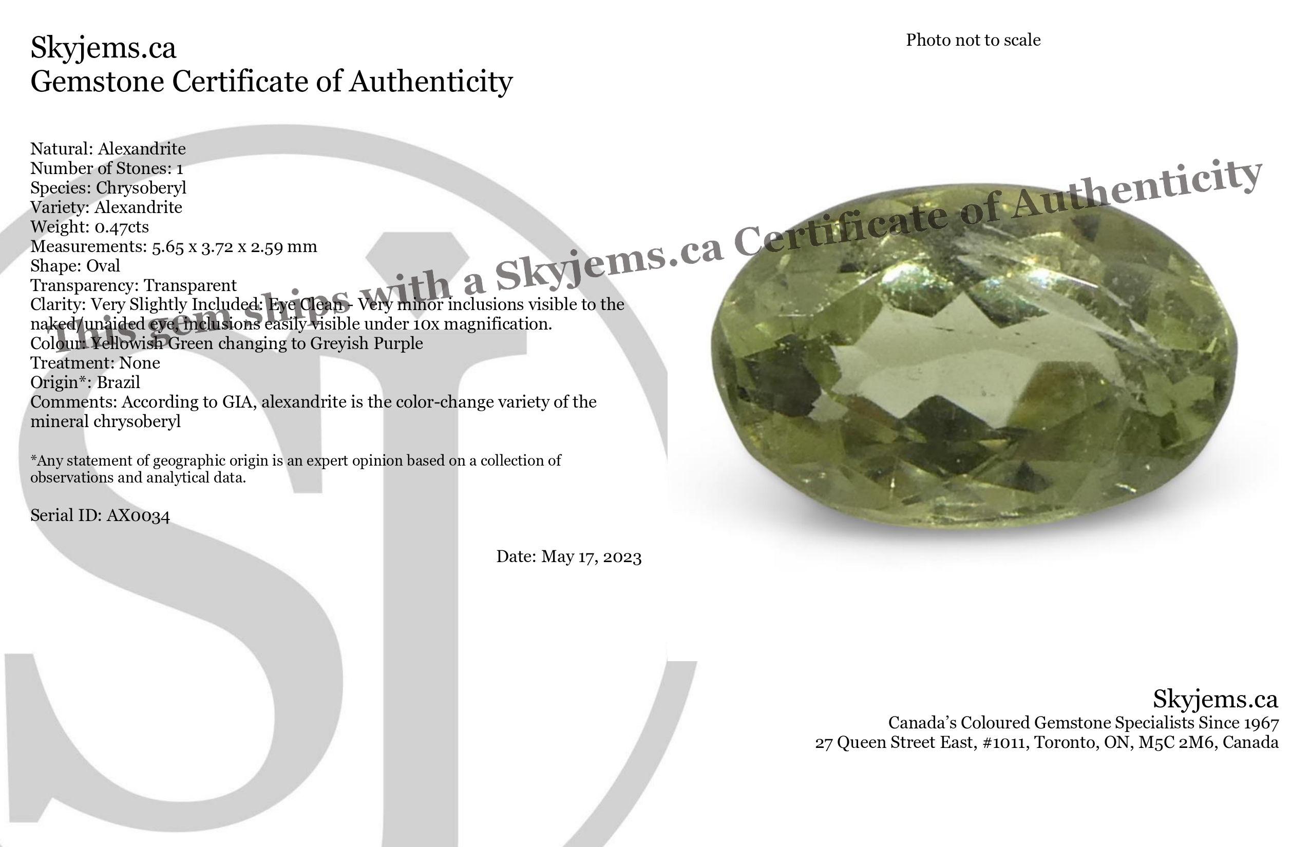 Description:

Gem Type: Alexandrite 
Number of Stones: 1
Weight: 0.47 cts
Measurements: 5.65 x 3.72 x 2.59 mm
Shape: Oval
Cutting Style Crown: Brilliant Cut
Cutting Style Pavilion: Brilliant Cut 
Transparency: Transparent
Clarity: Very Slightly