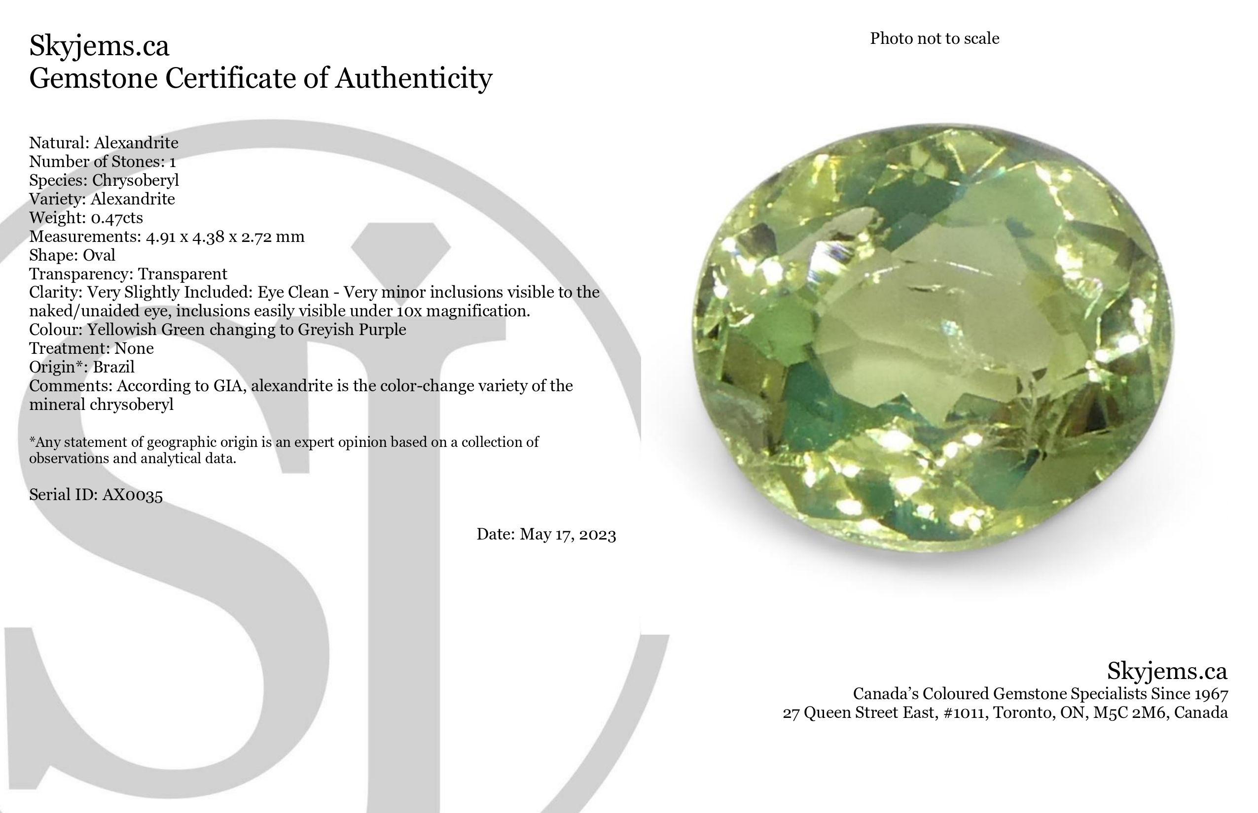 Description :

Type de gemme : Alexandrite 
Nombre de pierres : 1
Poids : 0,47 cts
Dimensions : 4,91 x 4,38 x 2,72 mm
Forme : Ovale
Style de coupe Couronne : Brilliante
Pavillon des styles de coupe : Coupe Brilliante 
La transparence :