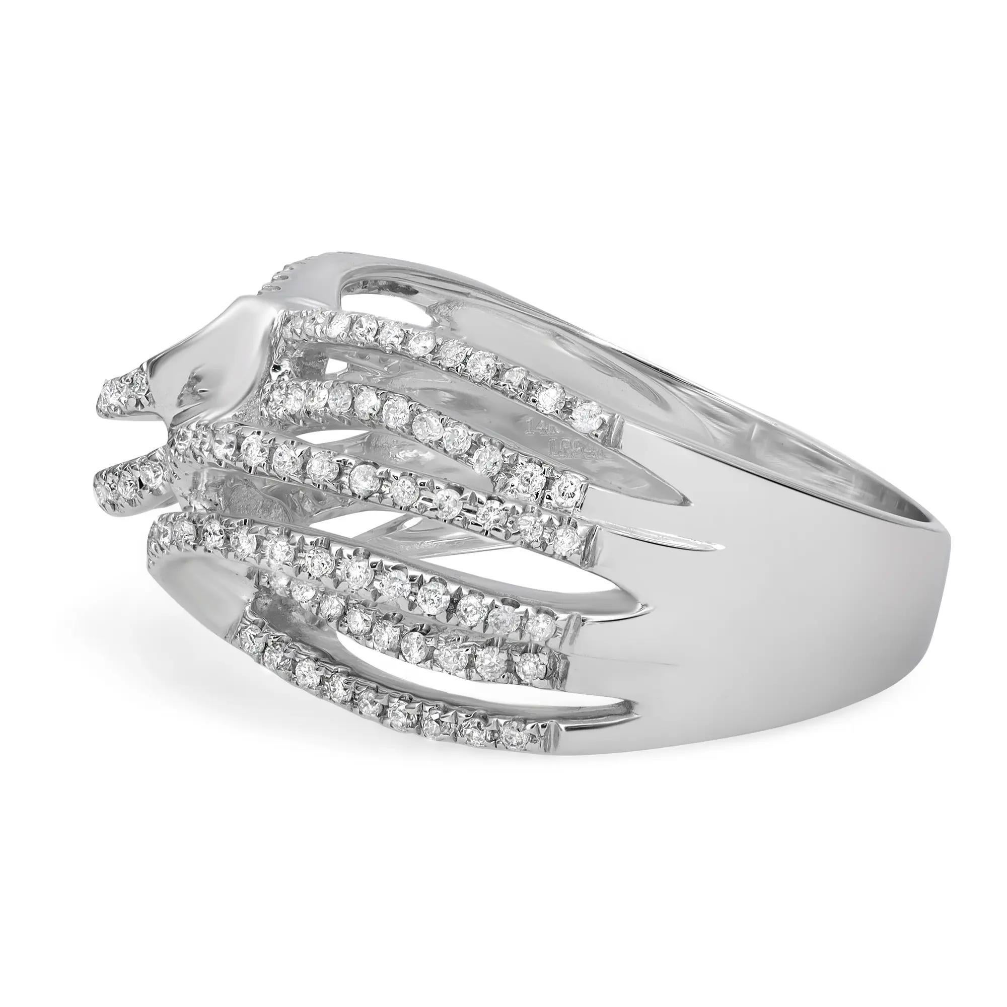 Fabulous and dramatic, this ladies cocktail ring is perfect for any occassion. Features prong set round cut diamonds weighing: 0.47 carat. Crafted in 14K white Gold. Ring size: 7.5 Total weight: 6.42 grams. Comes with a presentable gift box.