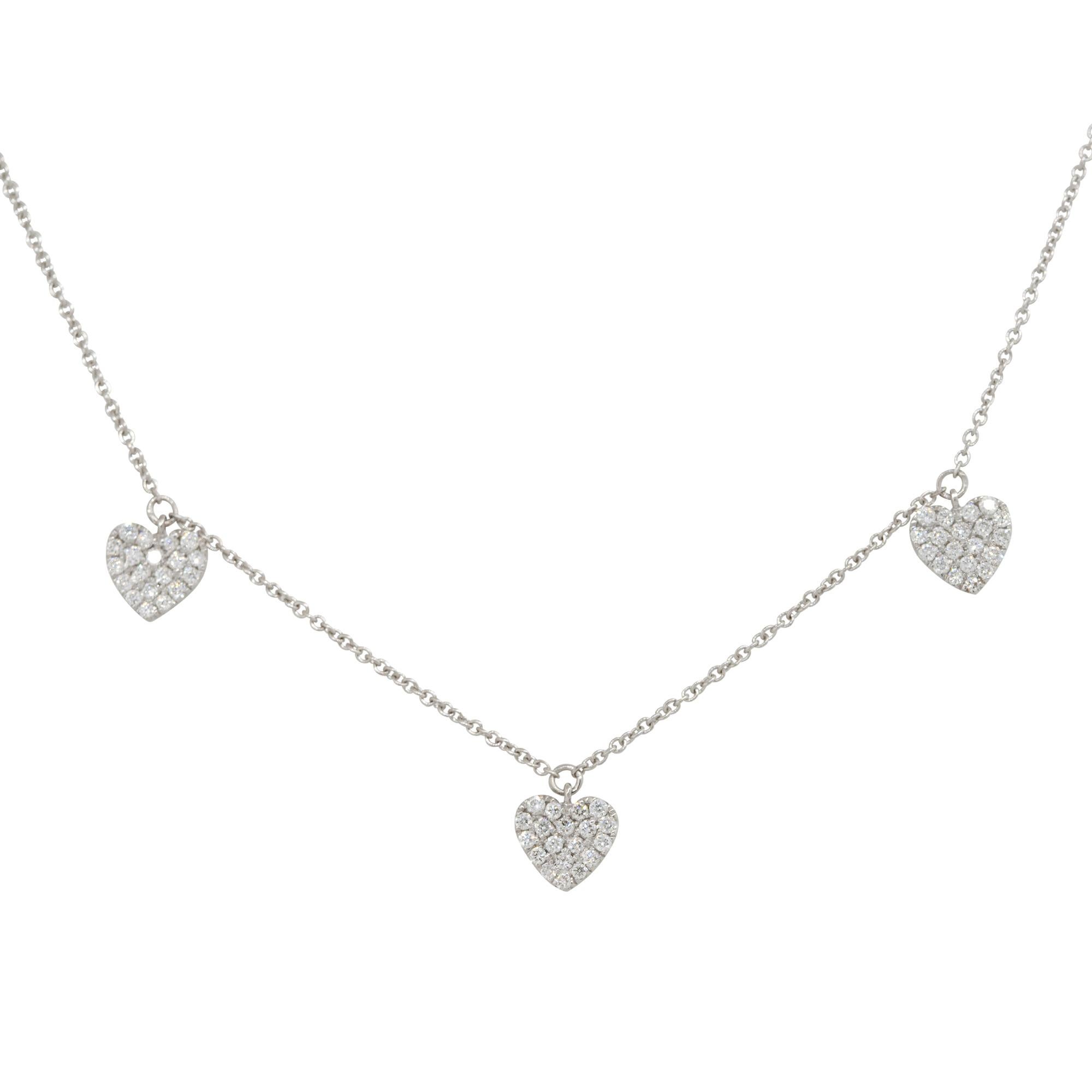 14k White Gold 0.47ctw 5 Diamond Heart Station Necklace

Material: 14k White Gold
Diamond Details: Approximately 0.47ctw of Round Brilliant Diamonds. There are 5 Pave Diamond Heart stations spaced out along the front of the necklace
Total Weight: