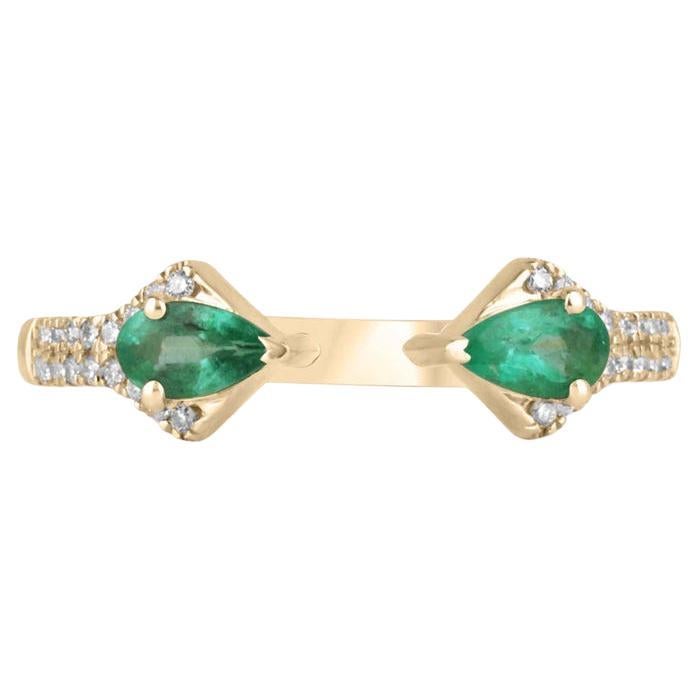 0.47tcw 14K Emerald & Diamond Stacker Ring - Pear Cut Pave Accents 585 Gold