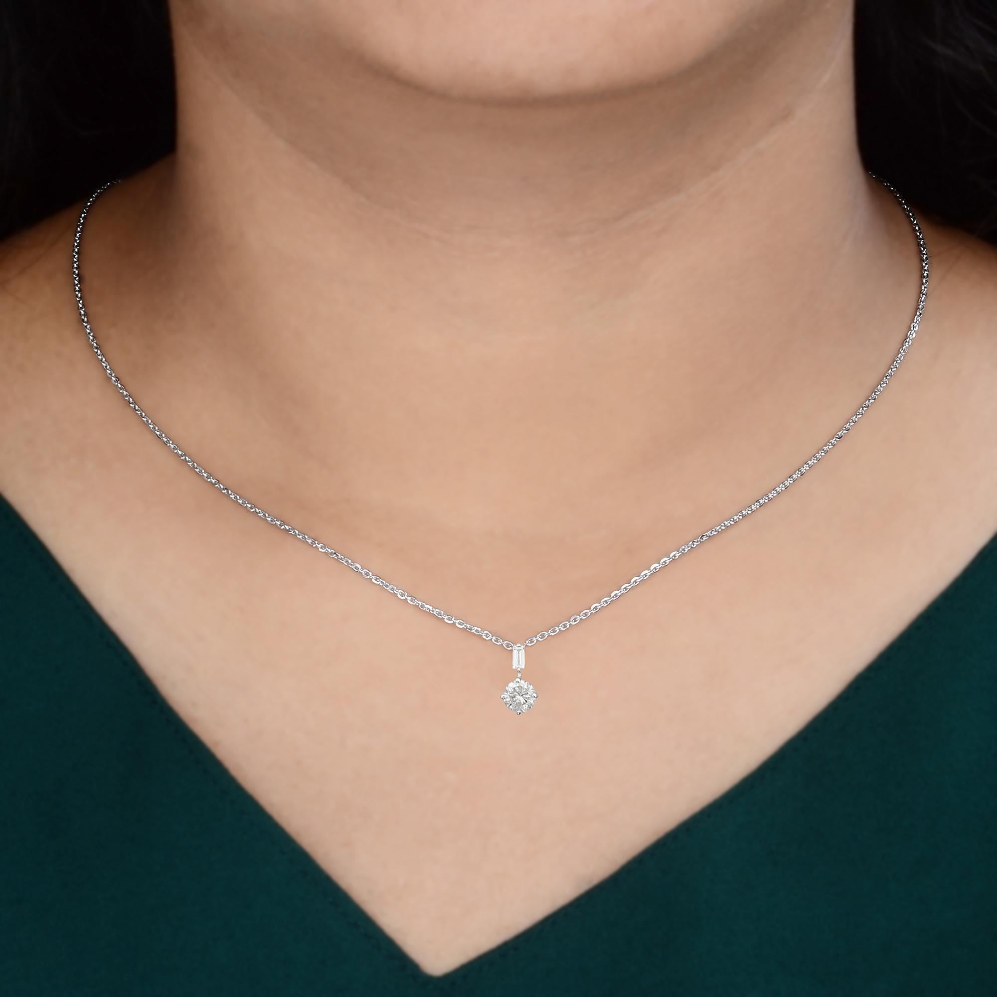 Baguette Cut 0.48 Carat Baguette Diamond Charm Pendant Necklace Solid 14k White Gold Jewelry For Sale