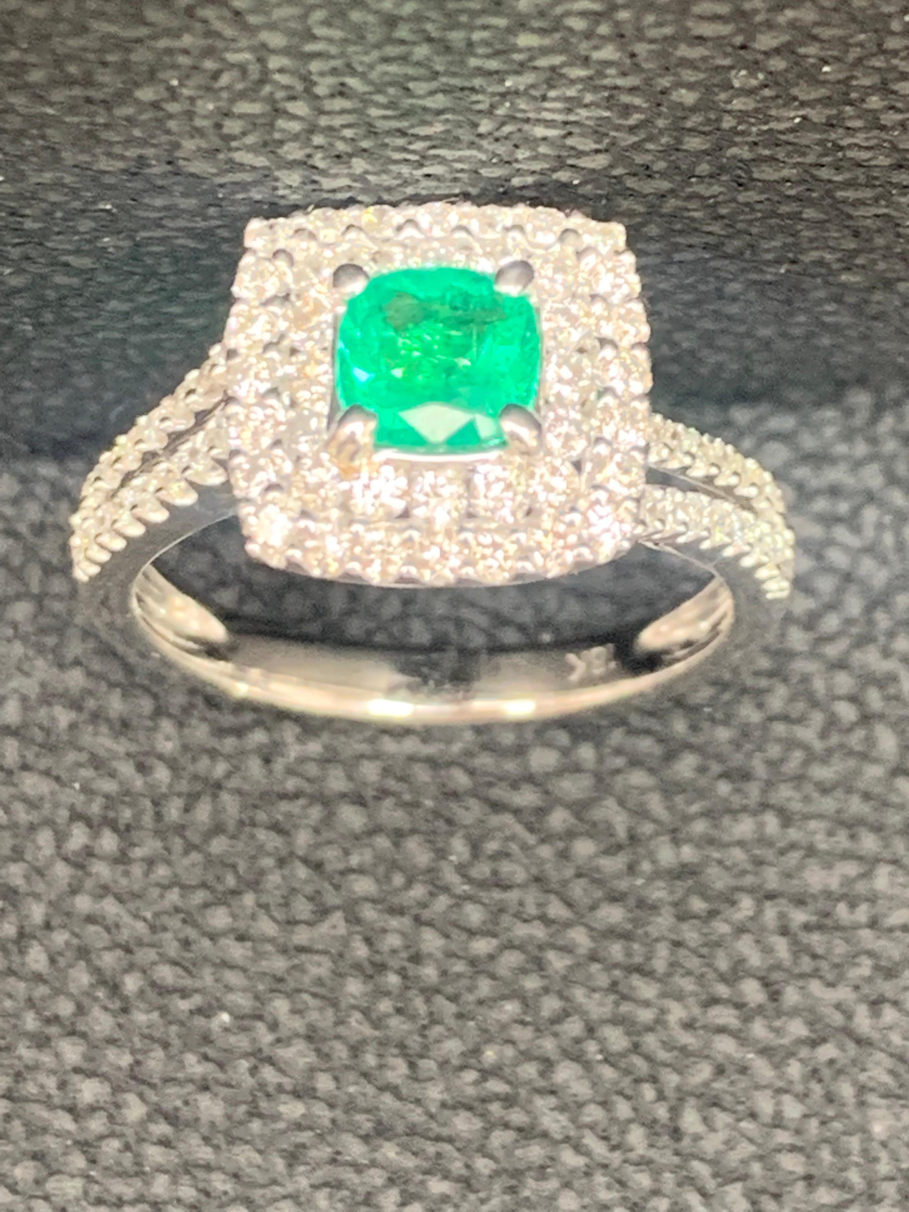 0.48 Carat Cushion Cut Emerald and Diamond Fashion Ring in 18K White Gold For Sale 12