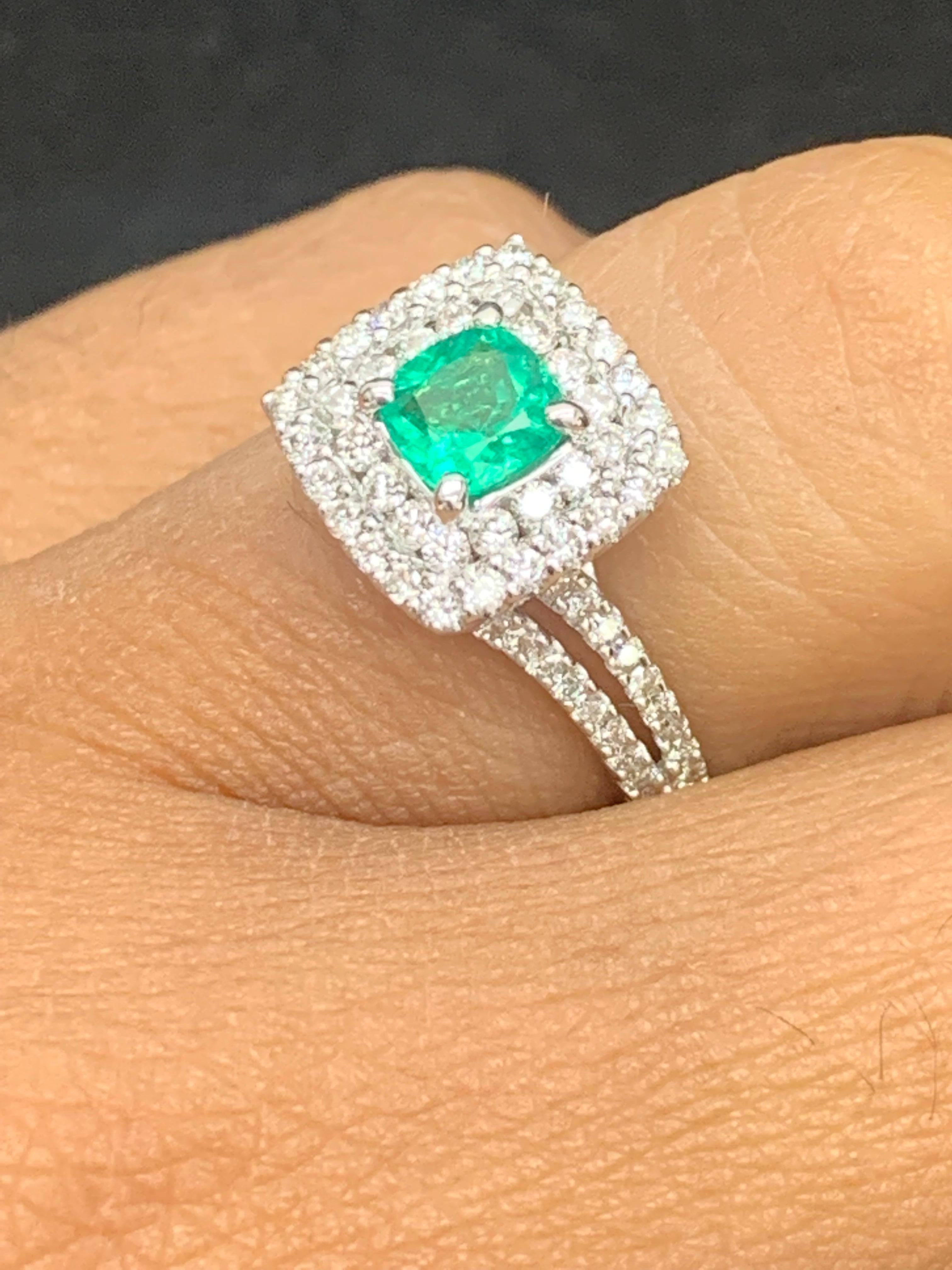 0.48 Carat Cushion Cut Emerald and Diamond Fashion Ring in 18K White Gold In New Condition For Sale In NEW YORK, NY