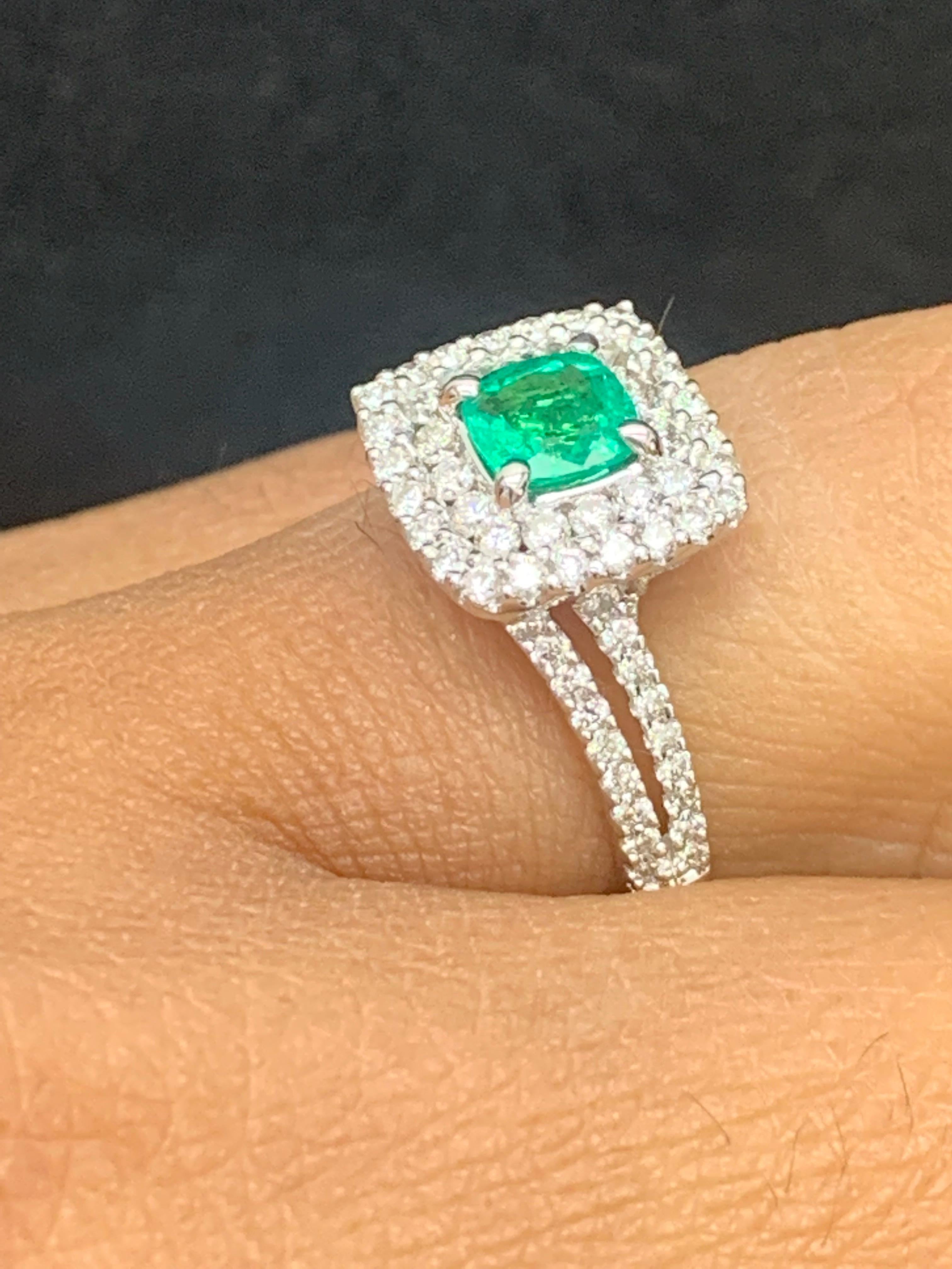 Women's 0.48 Carat Cushion Cut Emerald and Diamond Fashion Ring in 18K White Gold For Sale