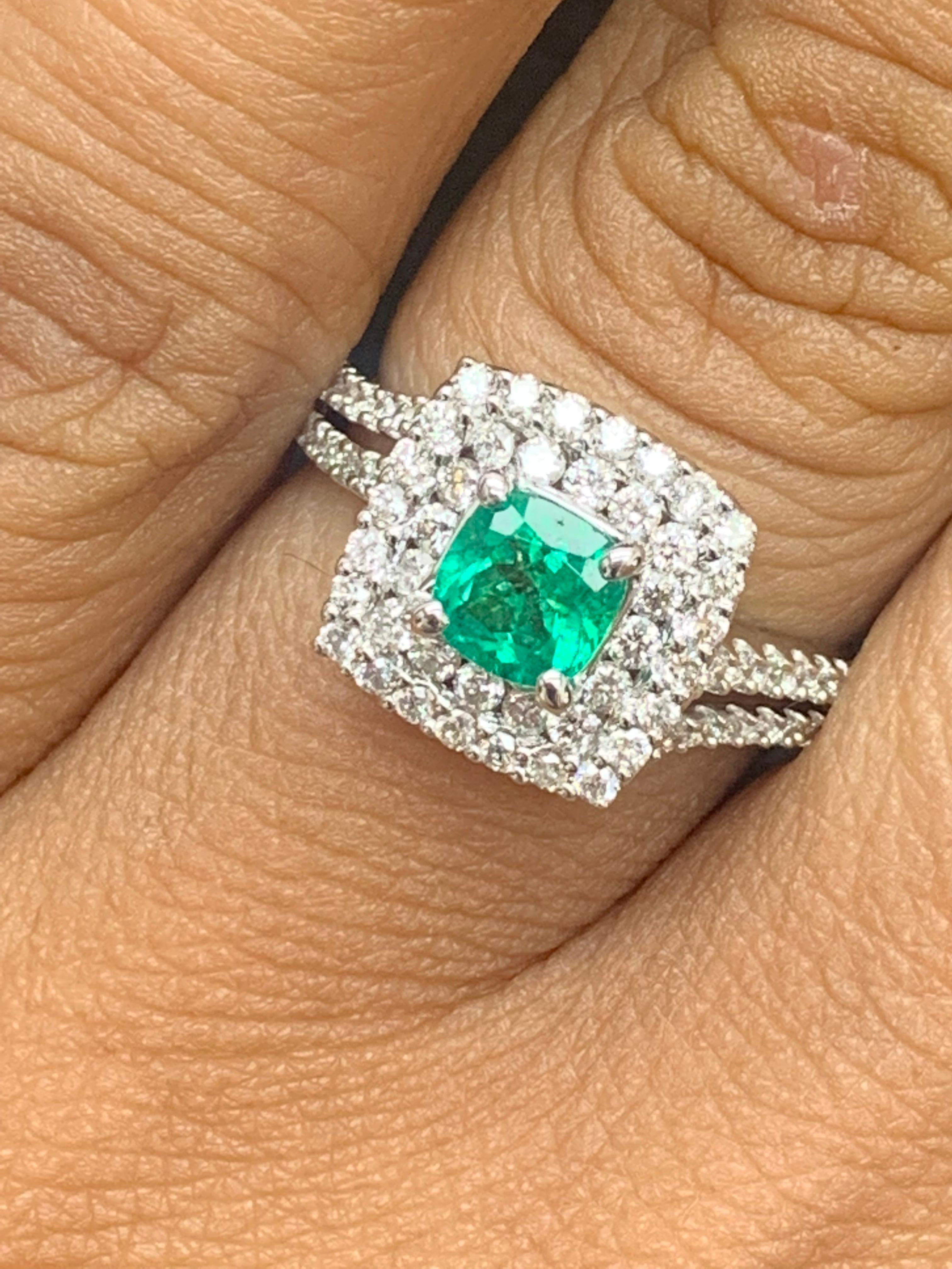 0.48 Carat Cushion Cut Emerald and Diamond Fashion Ring in 18K White Gold For Sale 1