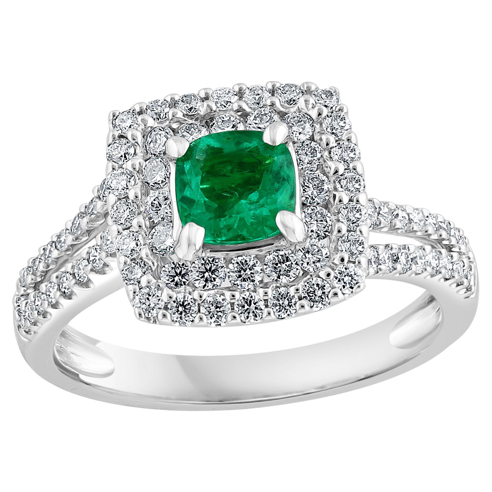 0.48 Carat Cushion Cut Emerald and Diamond Fashion Ring in 18K White Gold For Sale