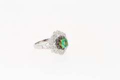 0.48 Carat Cushion Cut Emerald with Black and White Diamonds 14k White Gold Ring