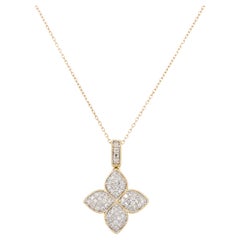 0.48 Carat Diamond 4 Leaf Flower Pendant Necklace 14 Karat in Stock