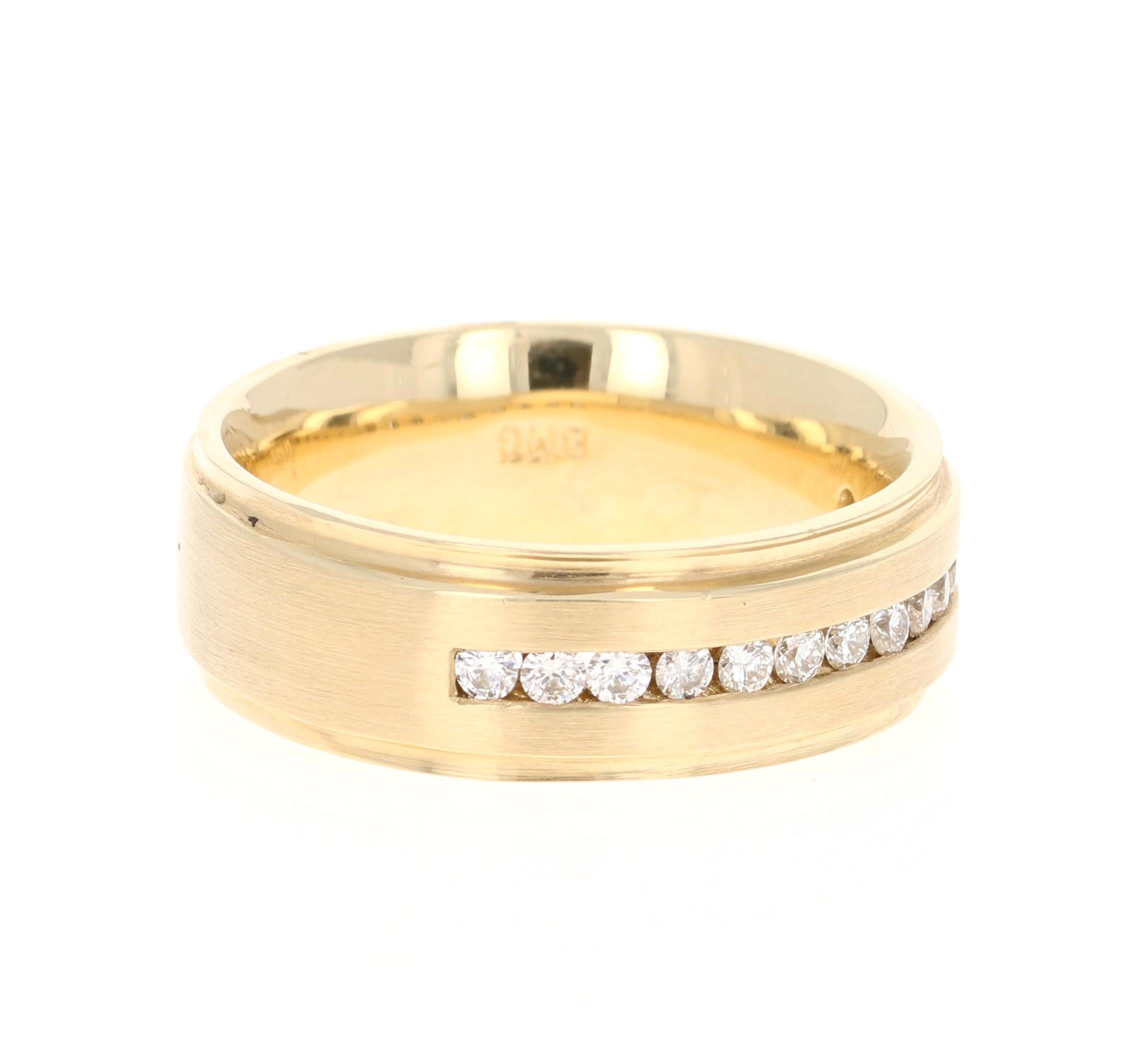 We have a Men's Collection of Fine Jewelry! Beautiful, Bold, Masculine and Simple Men's Wedding Rings/Bands. 

This Men's Band has 14 Round Cut Diamonds that weigh 0.48 Carats. It is crafted in 14 Karat Yellow Gold and weighs approximately 14.2