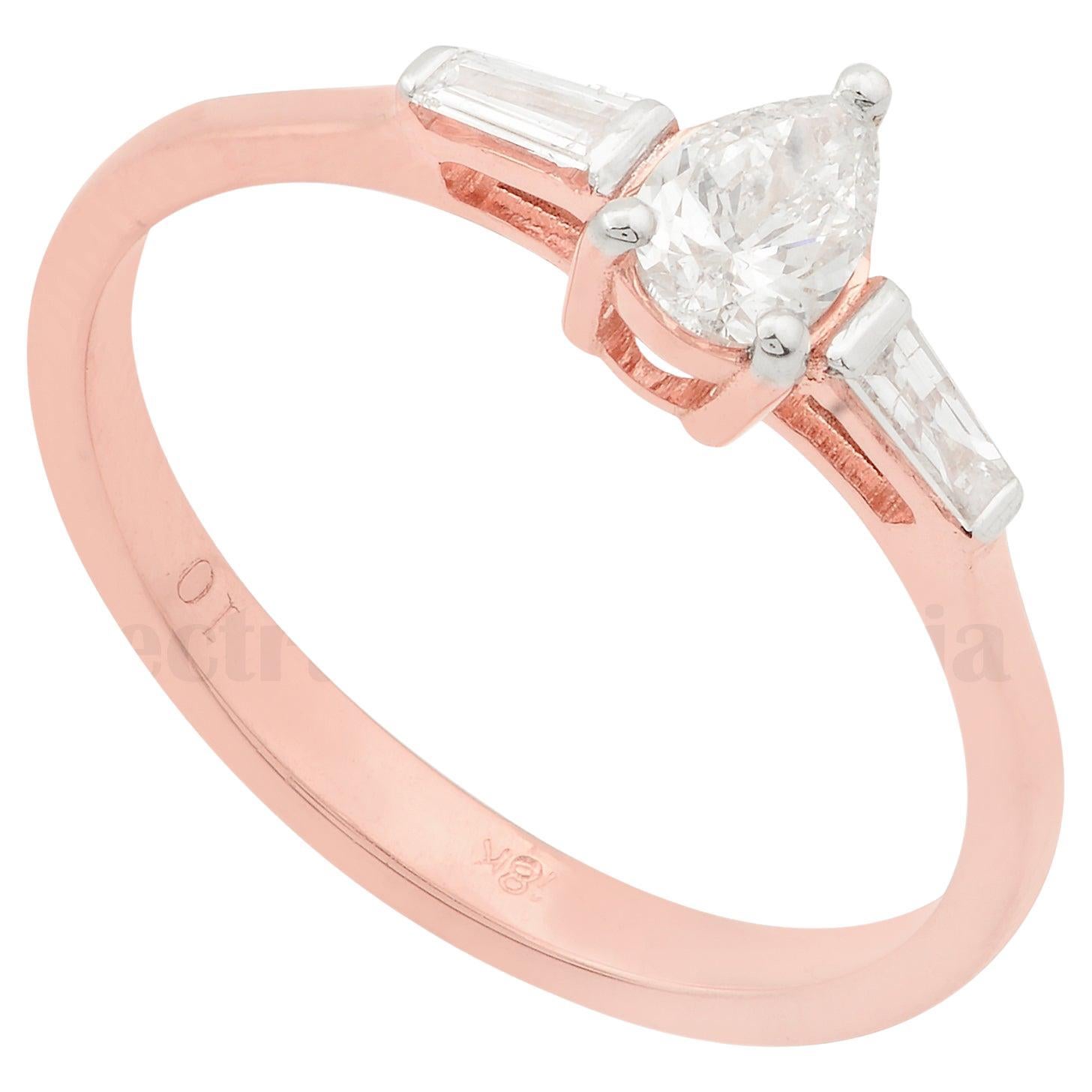 0,48 Karat birnenförmiger Baguette-Diamant-Ring aus massivem 18k Roségold, handgefertigt