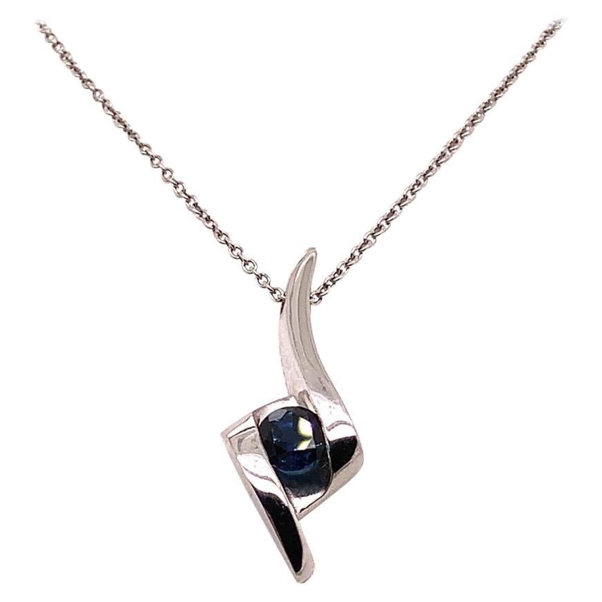 0.48 Carat Round Brilliant Blue Sapphire and 18K White Gold Pendant Necklace