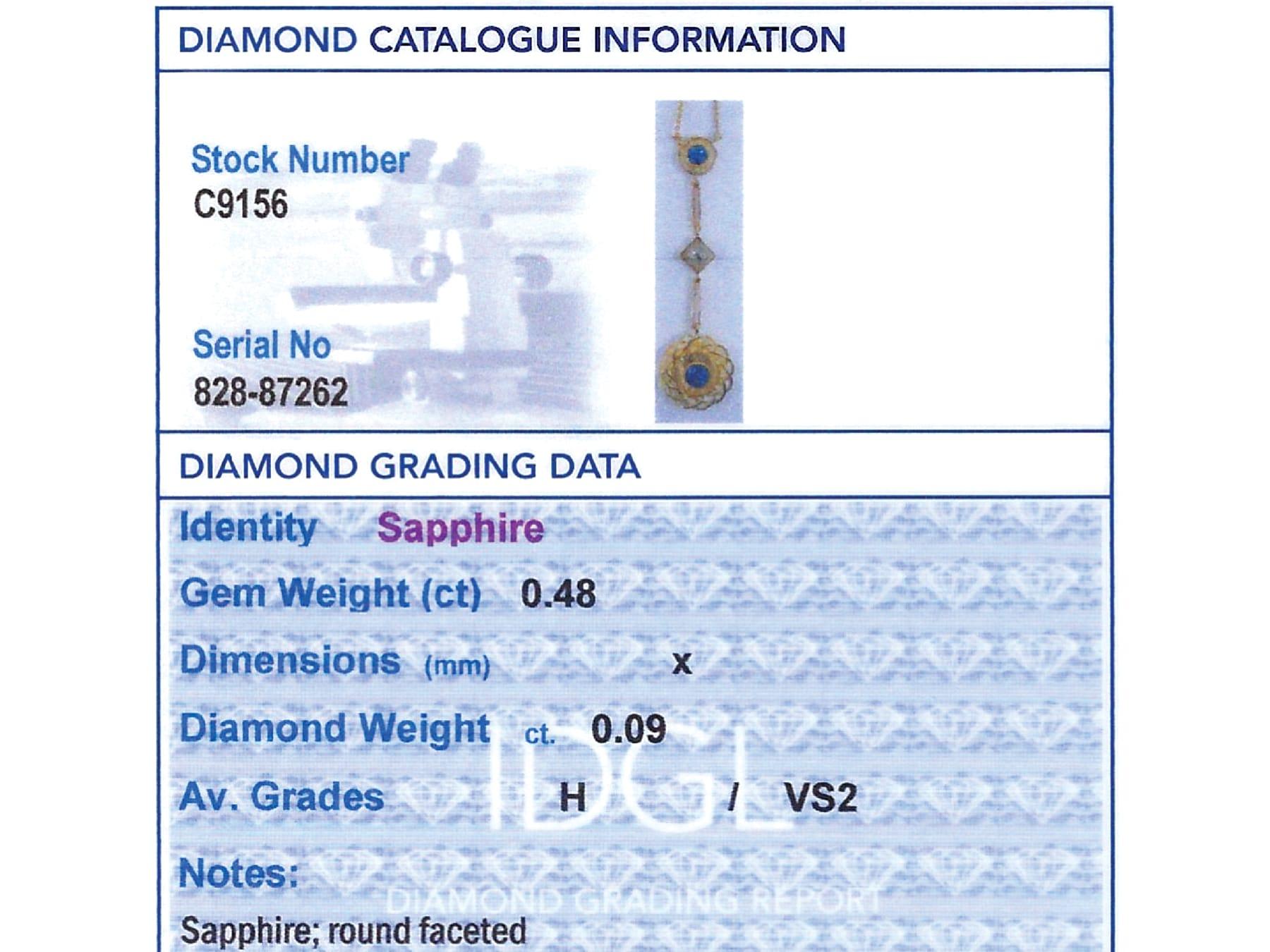 Pendentif en or jaune 15 carats avec saphirs de 0,48 carat et diamants de 0,09 carat, c. 1910 en vente 4