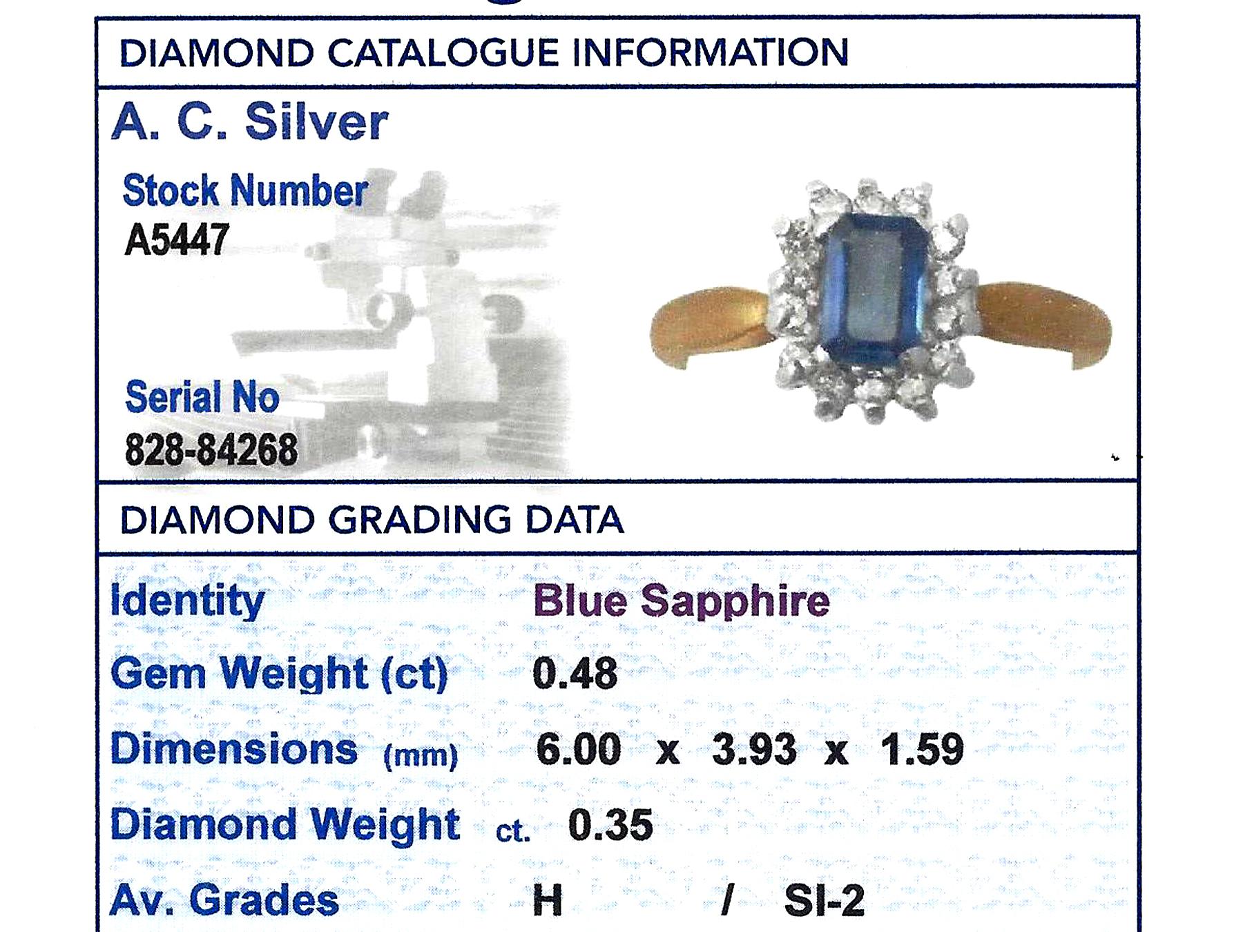 0.48 Carat Sapphire and 0.35 Carat Diamond, 18 Karat Gold Cluster Ring, Vintage 1