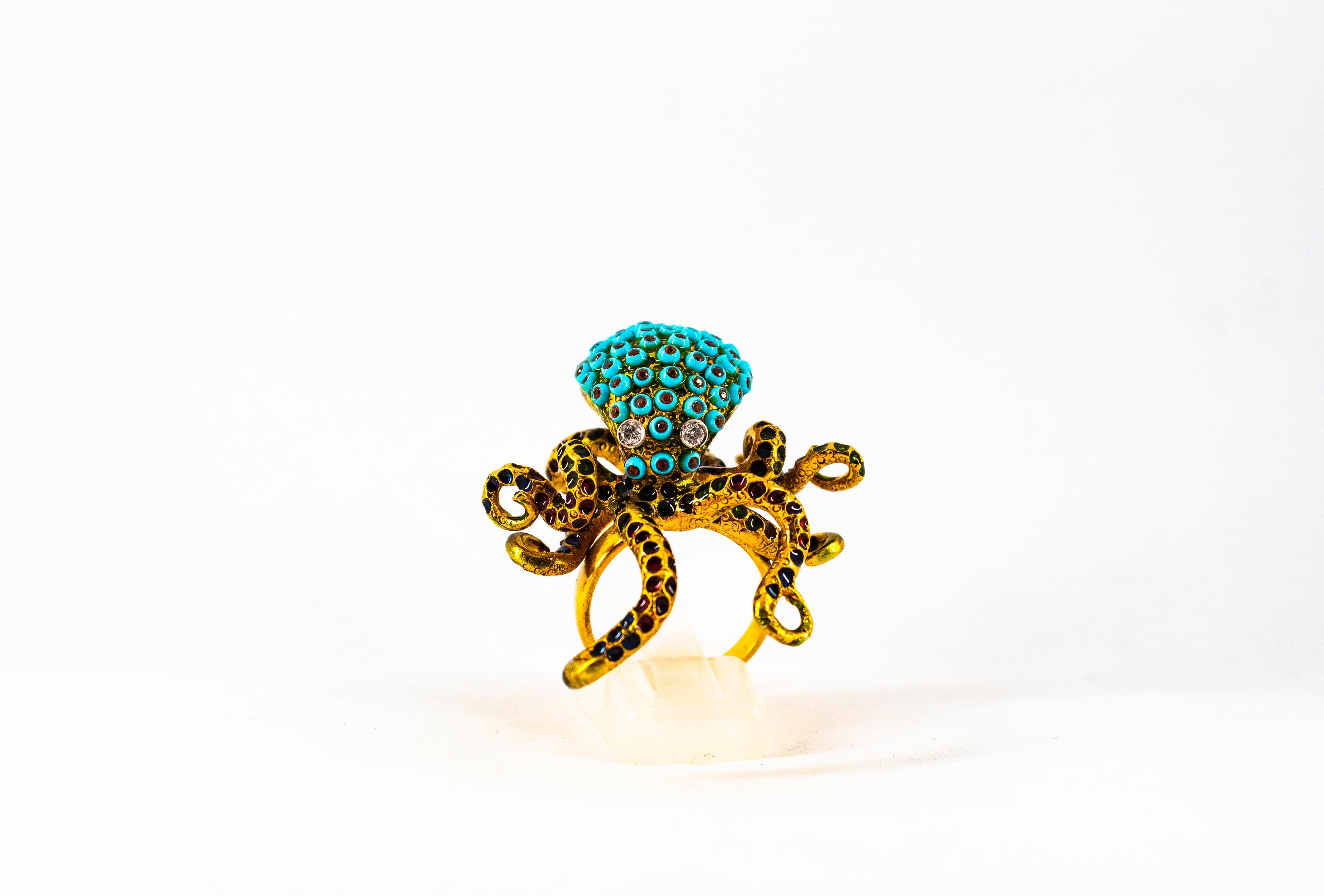 This Ring is made of 9K Yellow Gold.
This Ring has 0.08 Carats of White Diamonds.
This Ring has 0.40 Carats of Garnets.
This Ring has also Handcut Natural Turquoise and Enamel.
Size ITA: 16 USA: 7 1/2
We're a workshop so every piece is handmade,