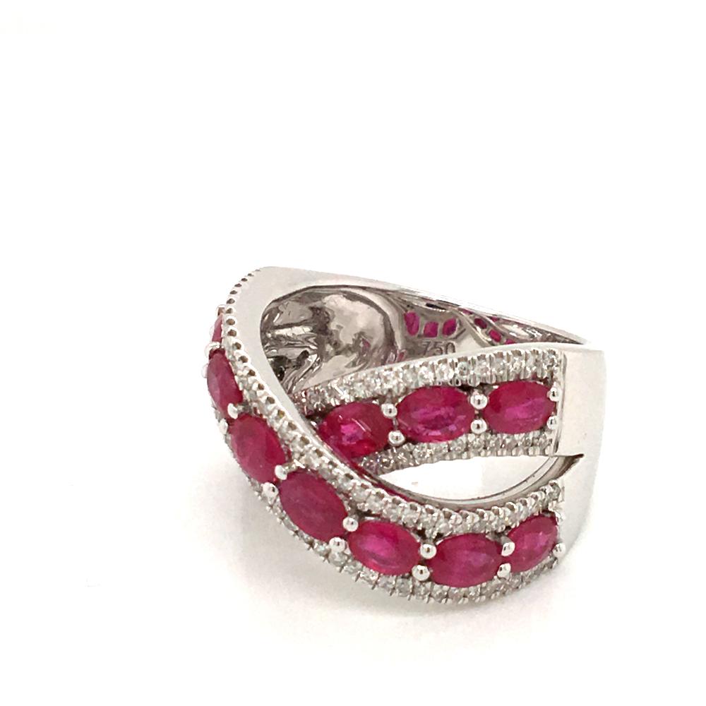 0.48 Diamonds and 2.88 Ruby Double Band Ring on White Gold Italy with box For Sale 2